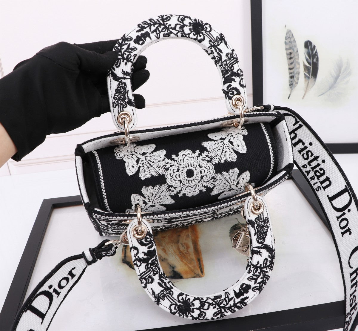 Dior Vintage Black and White Embroidered Canvas Top Handle Handbag