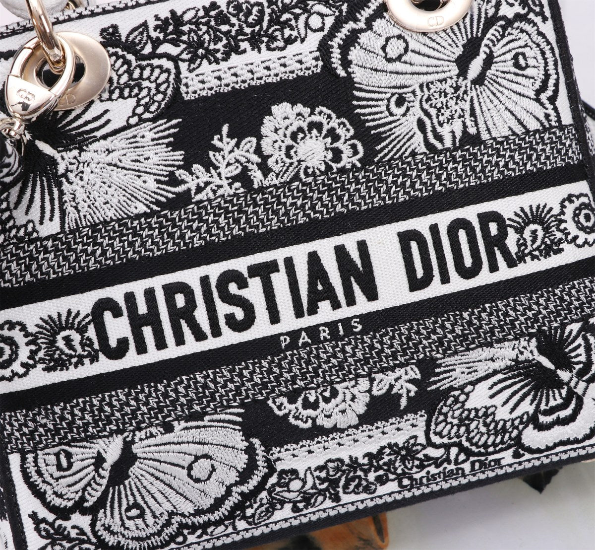 Dior Black and White Floral Embroidered Canvas Top Handle Handbag