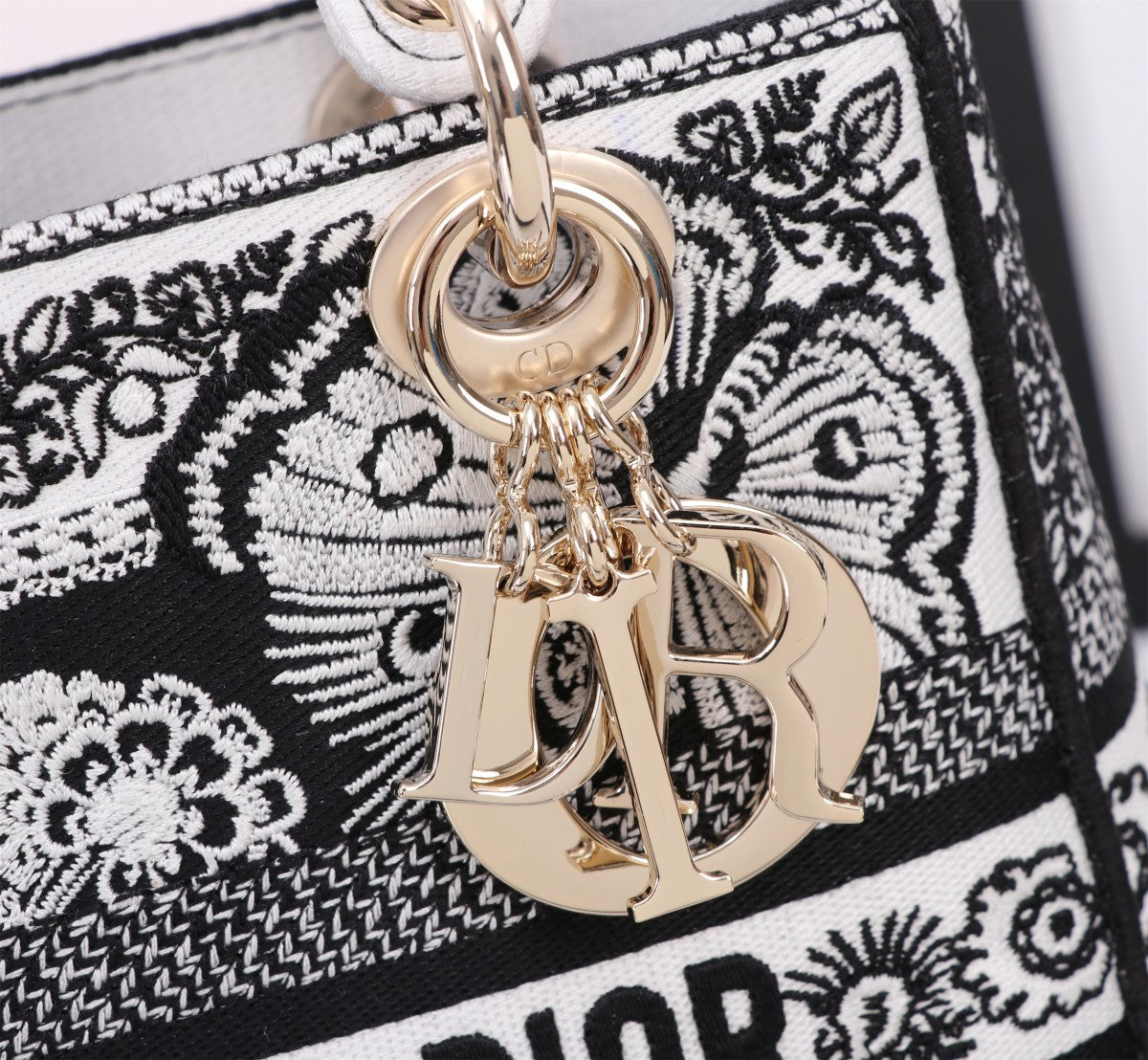 Dior Vintage Black and White Embroidered Canvas Top Handle Handbag