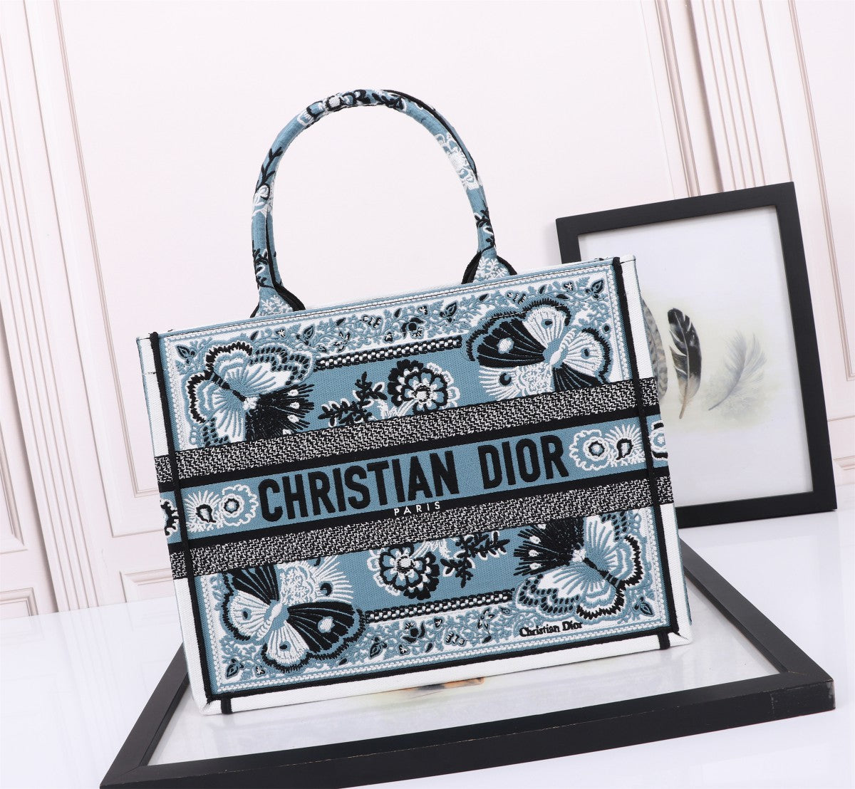 Dior Elegant Blue Butterfly Embroidered Canvas Top Handle Tote Bag