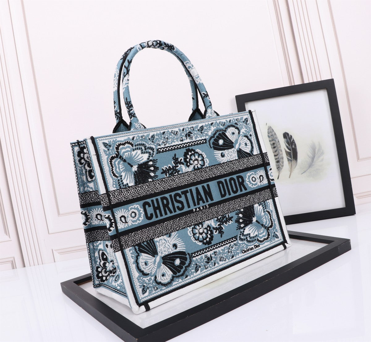 Dior Blue Butterfly Embroidered Canvas Tote Bag with Top Handles