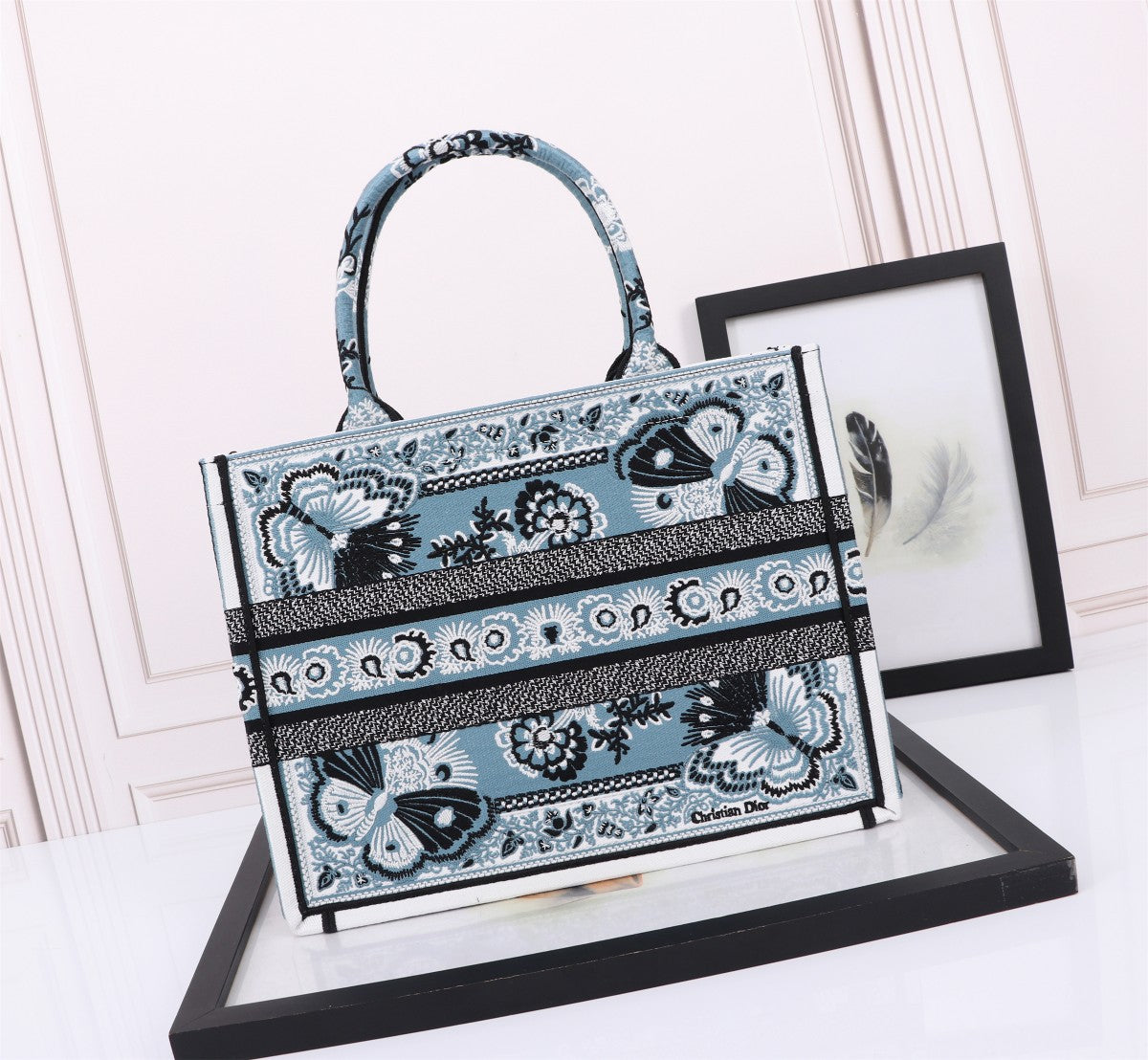Dior Elegant Blue Butterfly Embroidered Canvas Top Handle Tote Bag