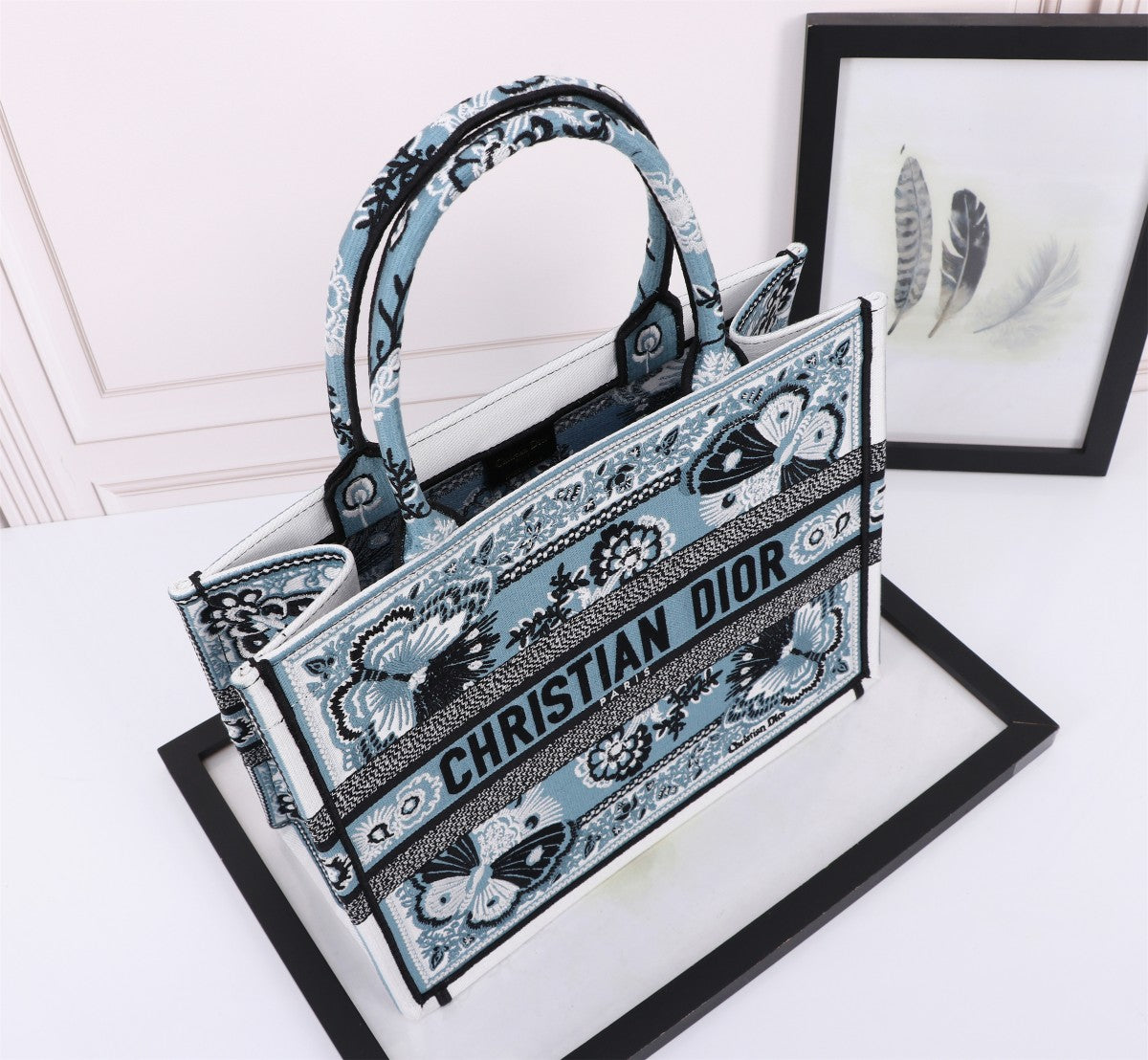 Dior Blue Butterfly Embroidered Canvas Tote Bag with Top Handles