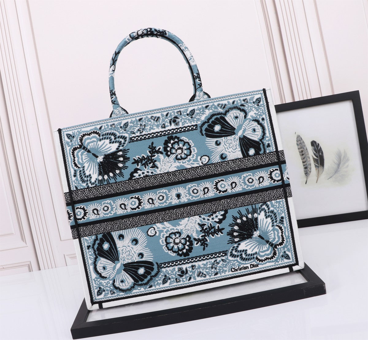 Dior Blue Butterfly Embroidered Canvas Tote Bag with Top Handles