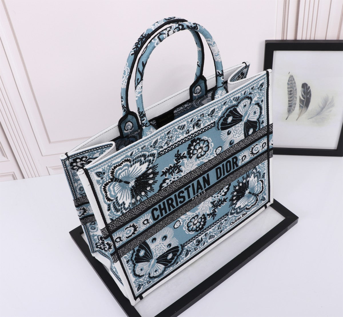 Dior Blue Butterfly Embroidered Canvas Tote Bag with Top Handles