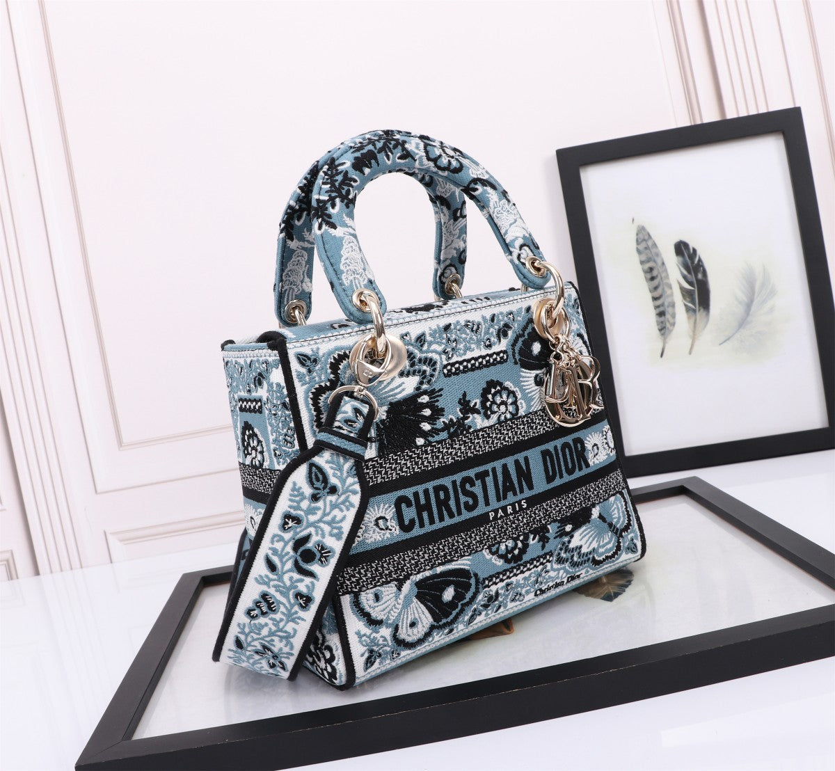 Dior Elegant Blue Floral Embroidered Canvas Top Handle Bag