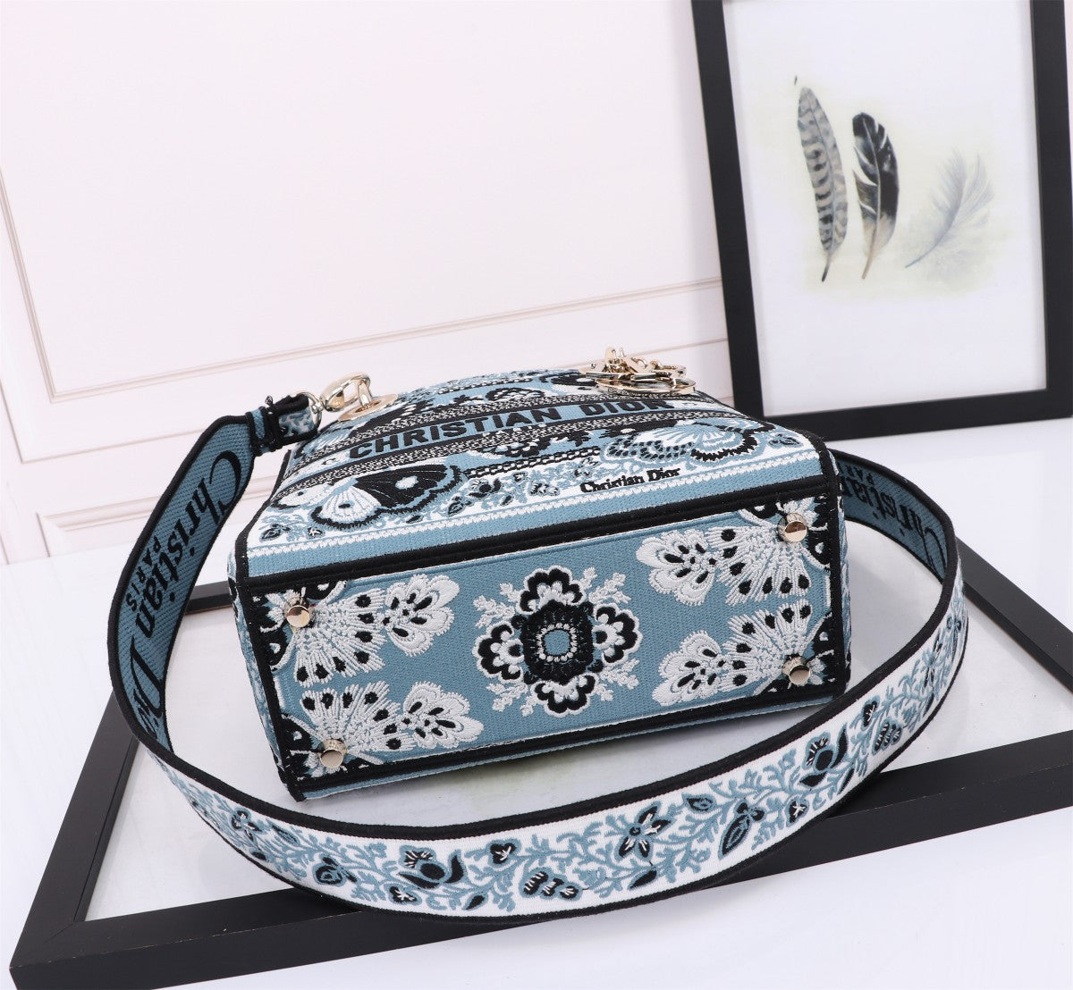 Dior Blue Embroidered Floral Canvas Top Handle Handbag with Strap