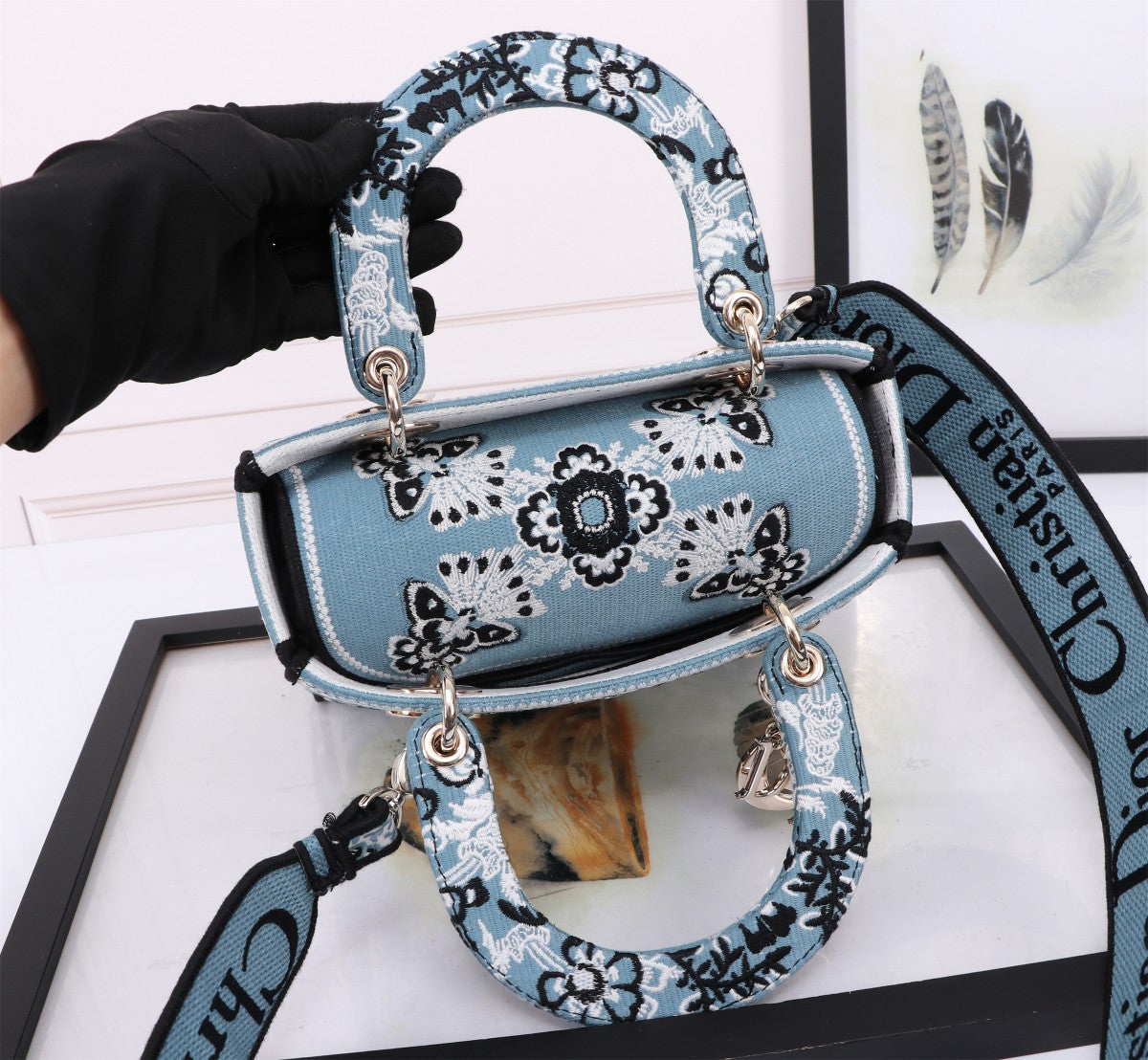 Dior Elegant Blue Floral Embroidered Canvas Top Handle Bag