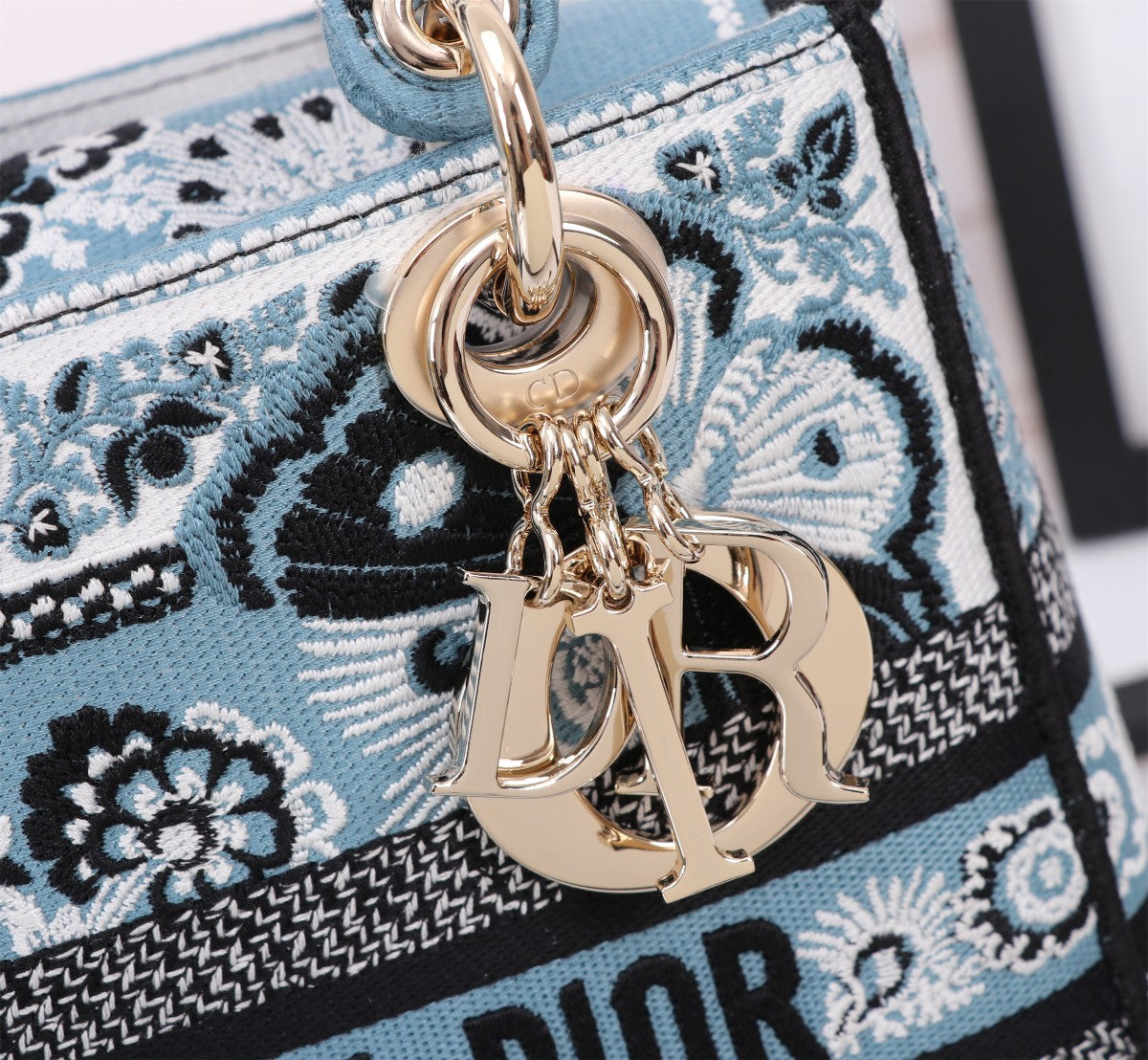 Dior Elegant Blue Floral Embroidered Canvas Top Handle Bag