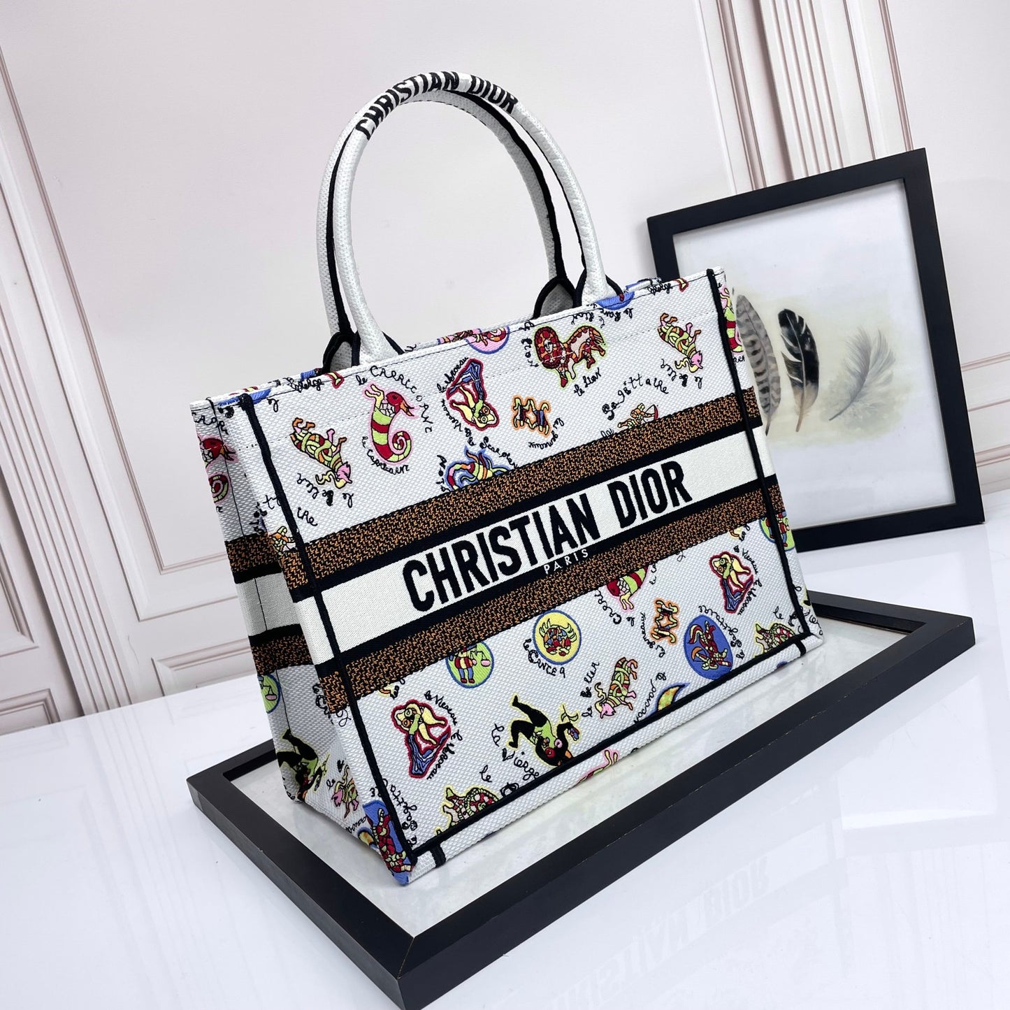 Dior Colorful Cartoon Print Canvas Top Handle Tote Handbag