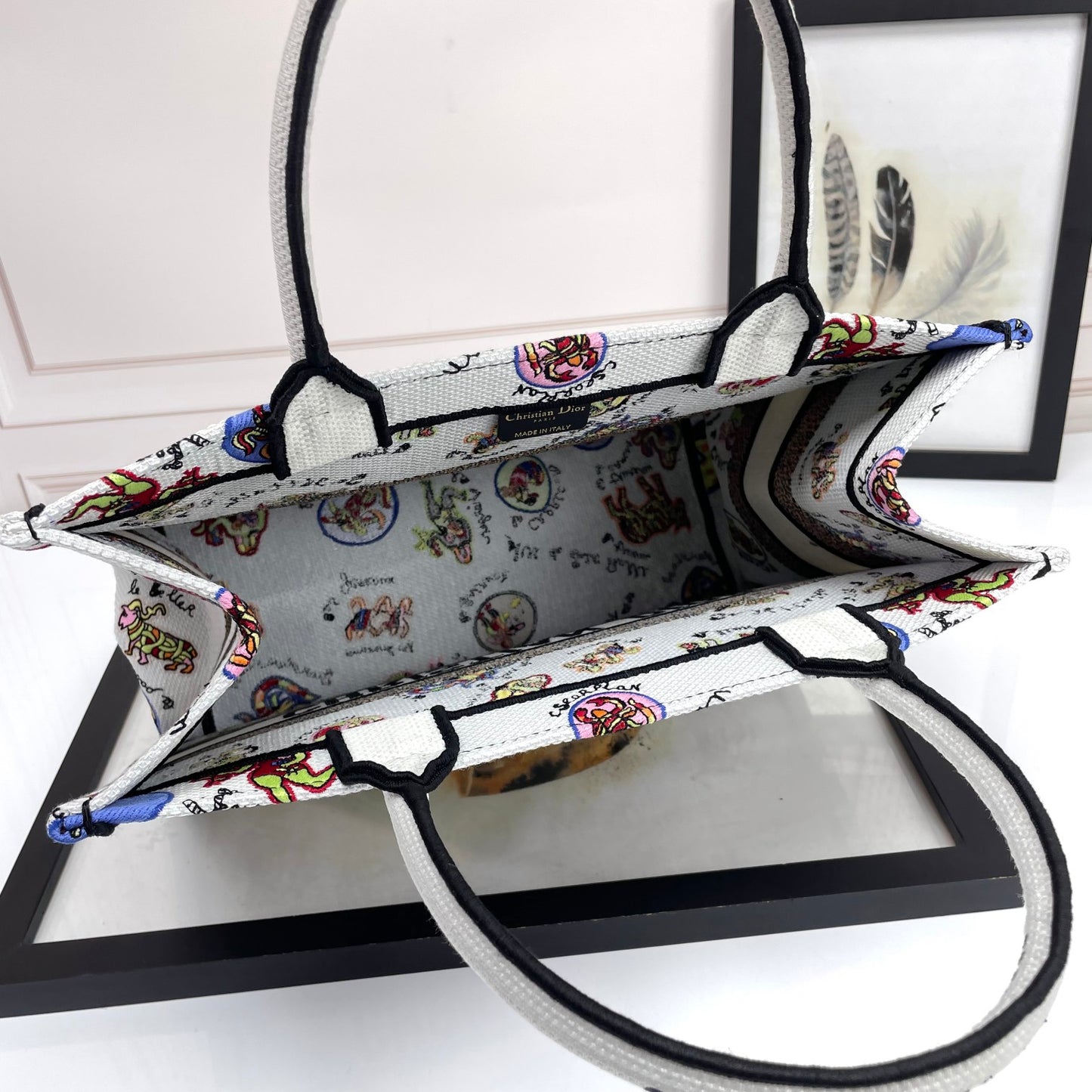Dior Colorful Cartoon Print Canvas Top Handle Tote Handbag