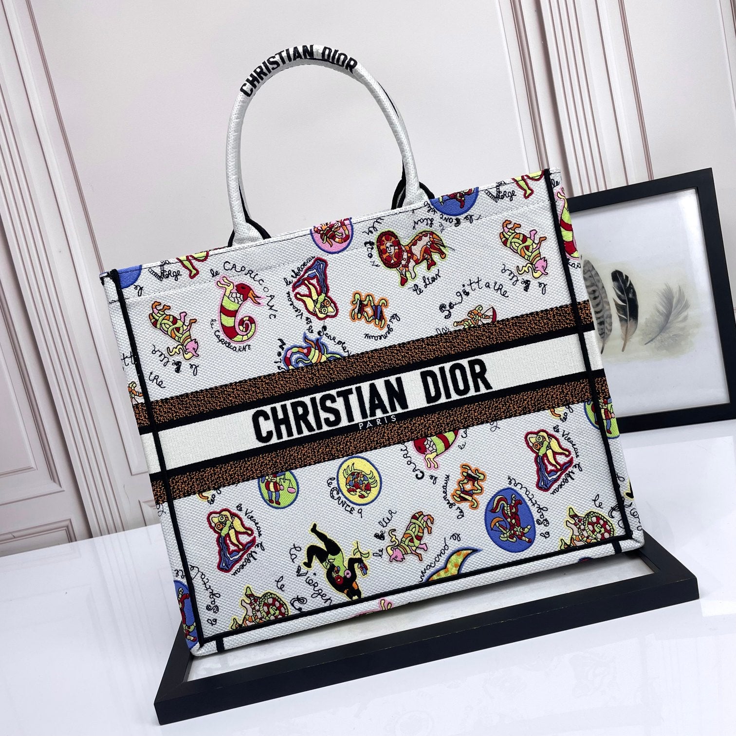 Dior Large Canvas Tote Bag with Colorful Cartoon Animal Print