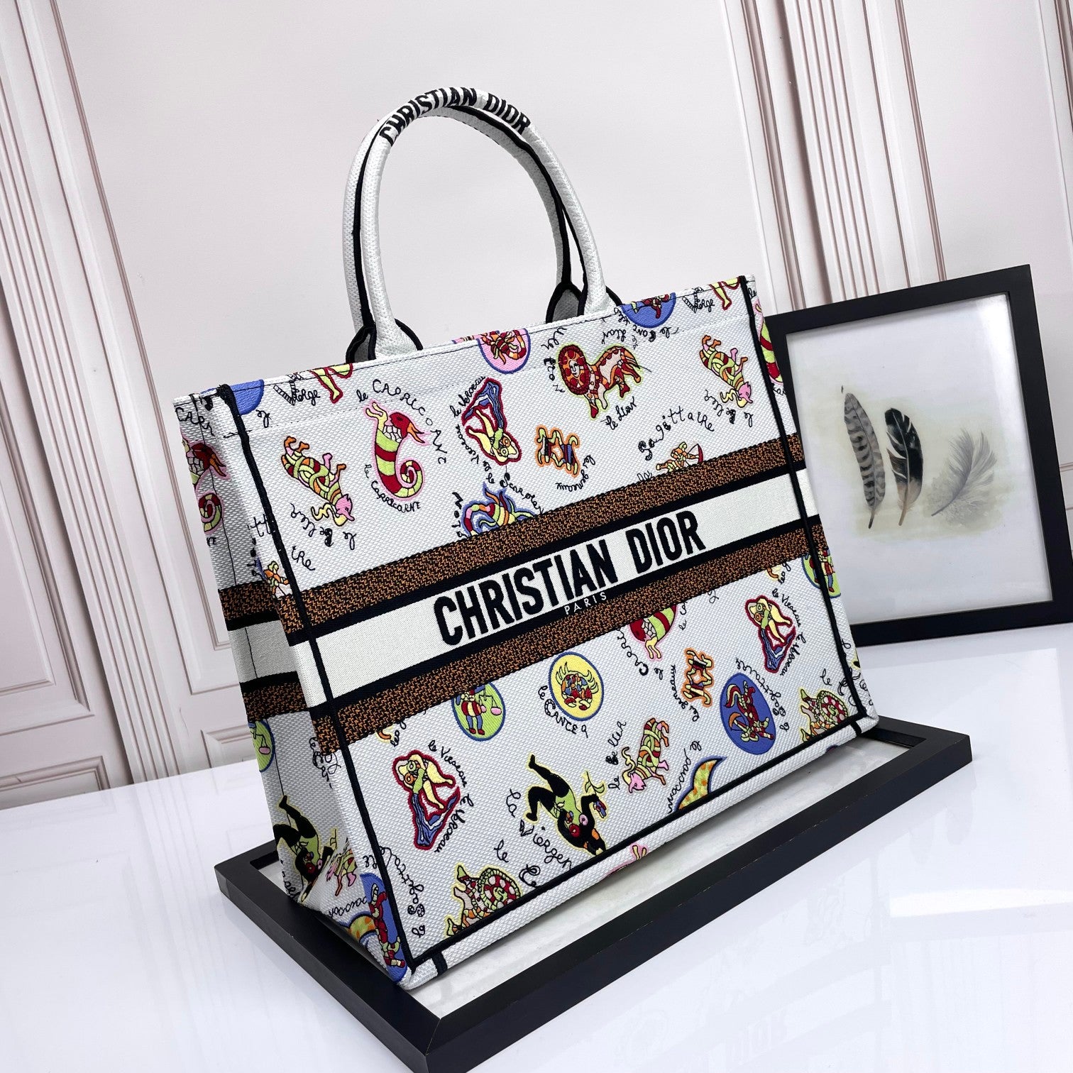 Dior Large Canvas Tote Bag with Colorful Cartoon Animal Print