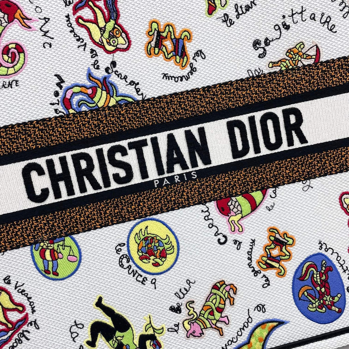 Dior Colorful Cartoon Animal Print Canvas Tote Bag with Top Handles