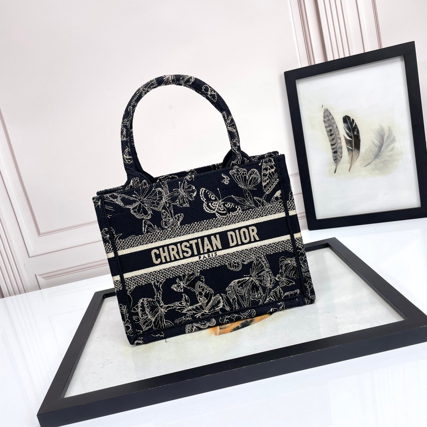 Dior Black Butterfly Embroidered Canvas Tote Bag Top Handle Handbag
