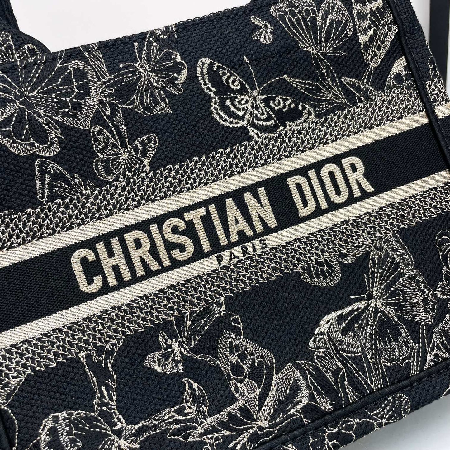 Dior Black Butterfly Embroidered Canvas Tote Bag Top Handle Handbag
