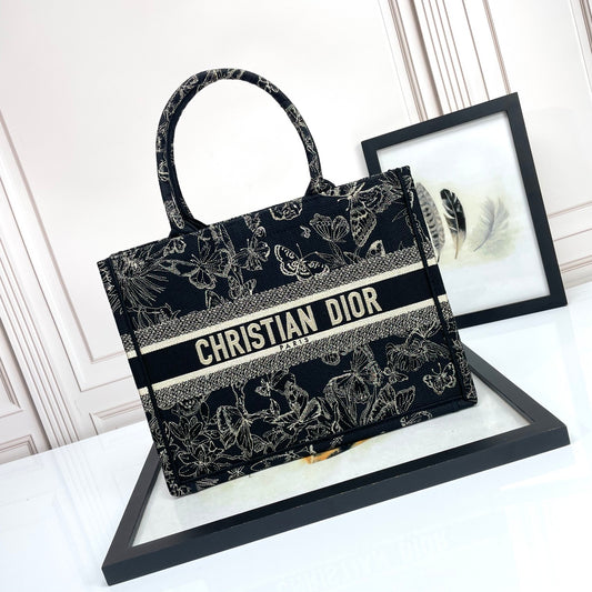 Christian Dior Medium Book Tote Black and Beige Butterfly Embroidered Canvas