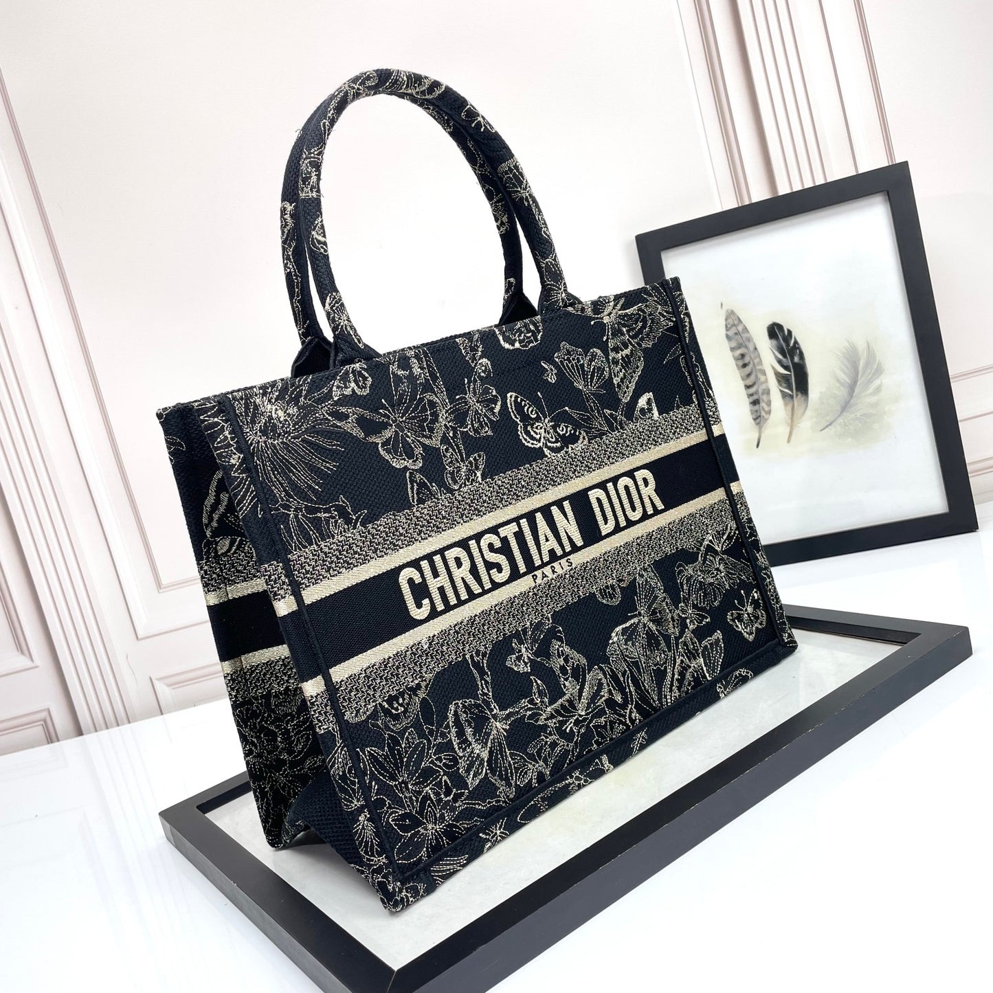 Christian Dior Medium Book Tote Black and Beige Butterfly Embroidered Canvas