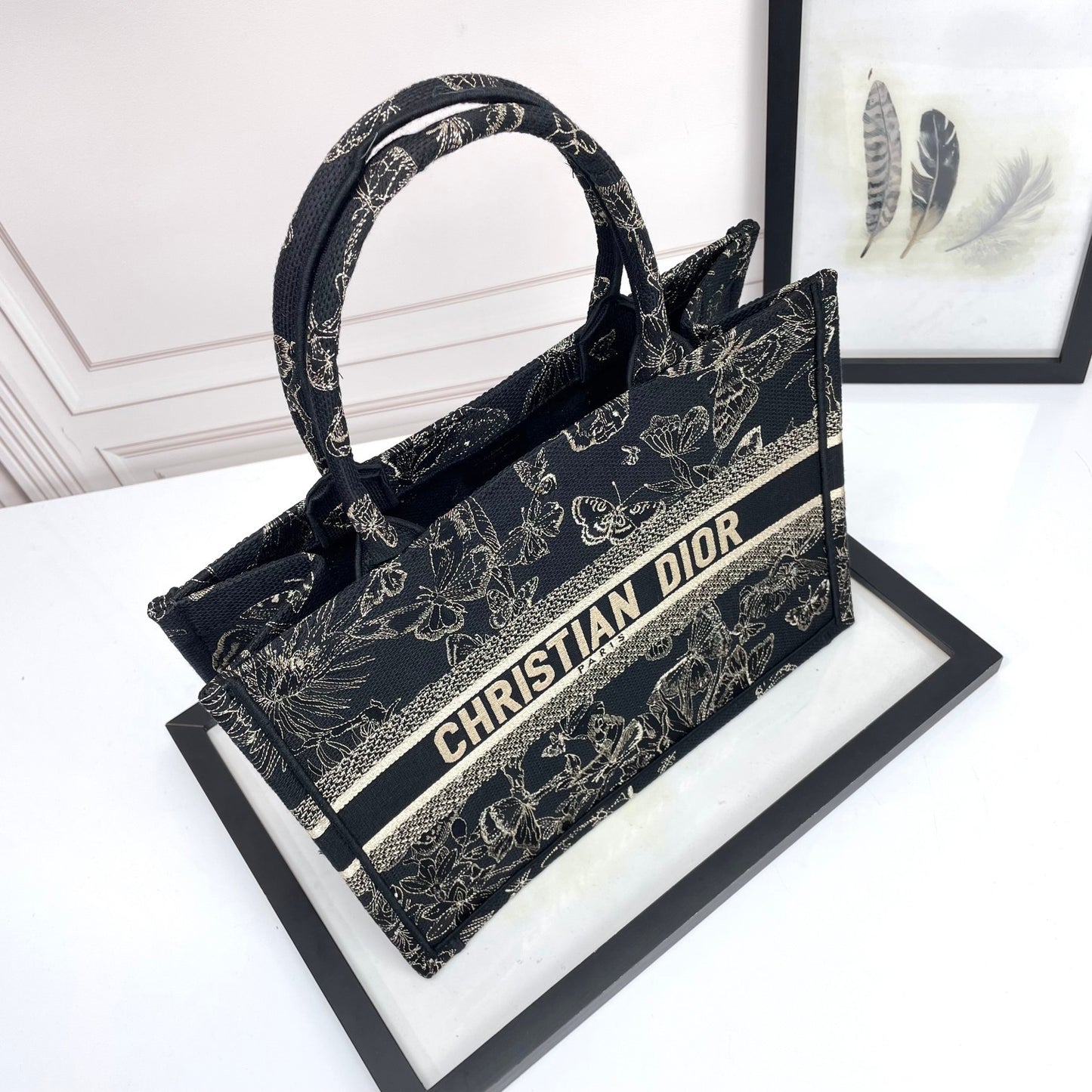 Dior Luxury Butterfly Embroidered Canvas Tote Bag with Top Handles