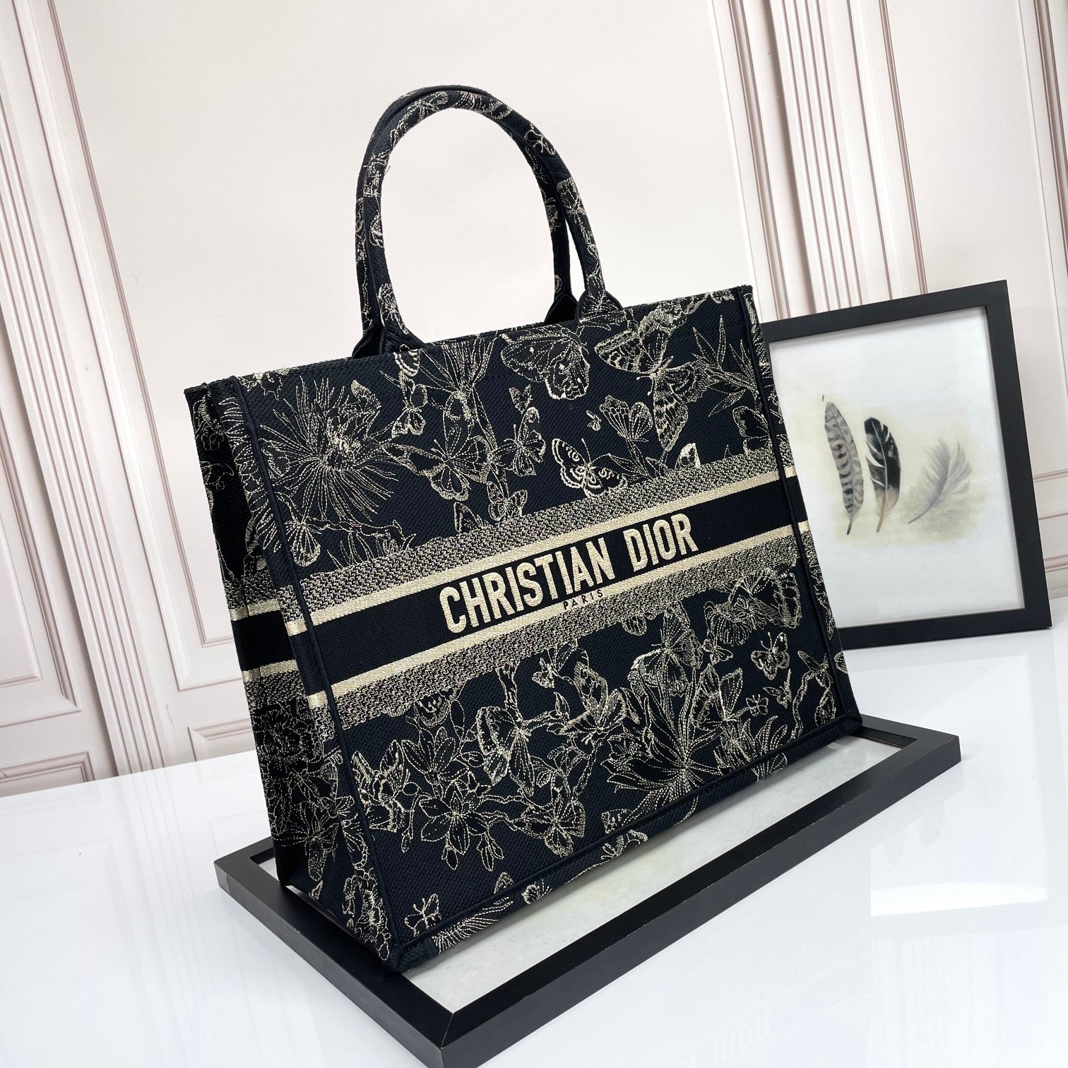 Dior Vintage Butterfly Floral Embroidered Canvas Tote Bag