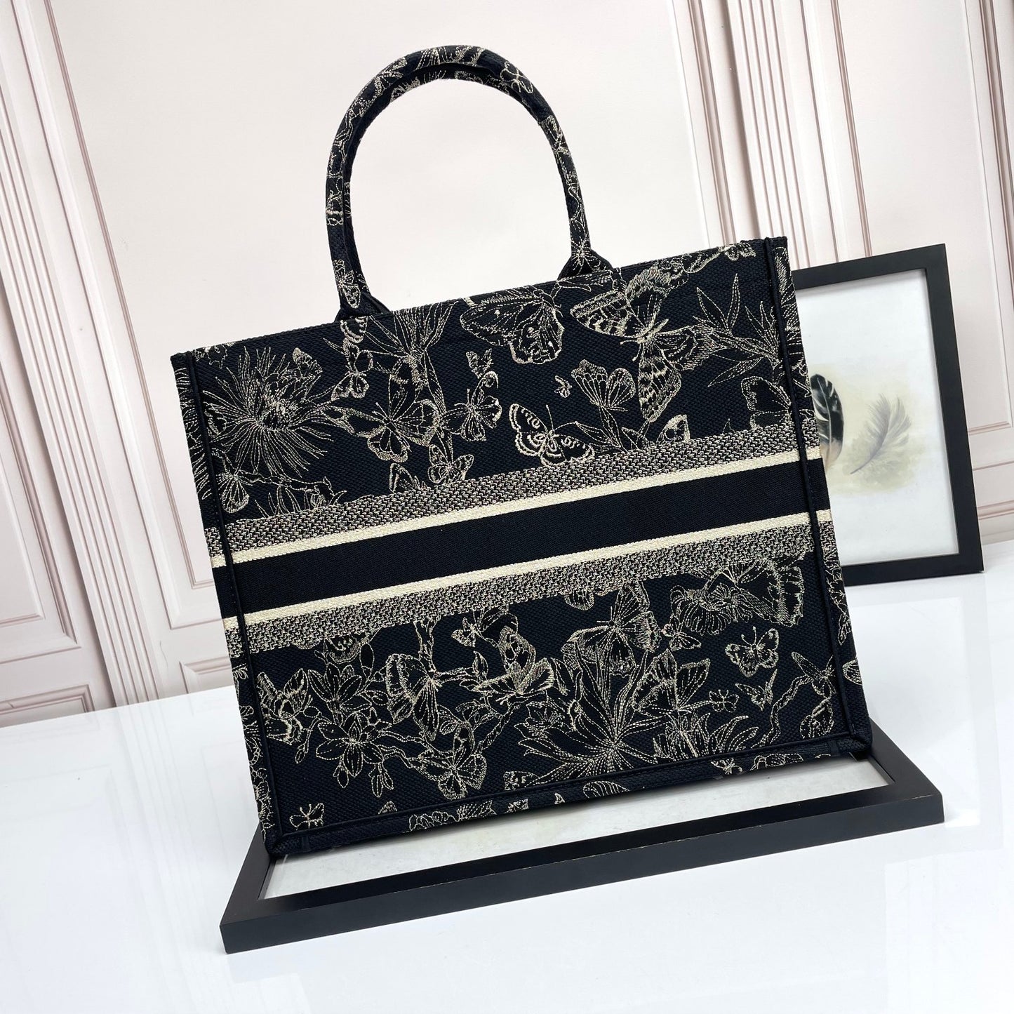 Dior Elegant Black Embroidered Butterfly and Floral Canvas Tote Handbag