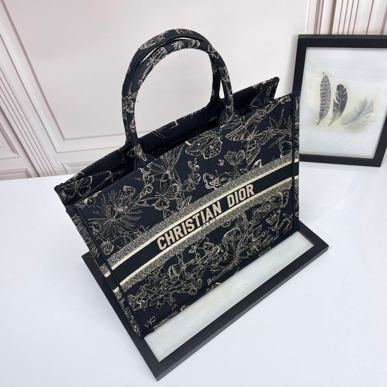 Christian Dior Large Book Tote Black and White Butterfly Embroidery Bag