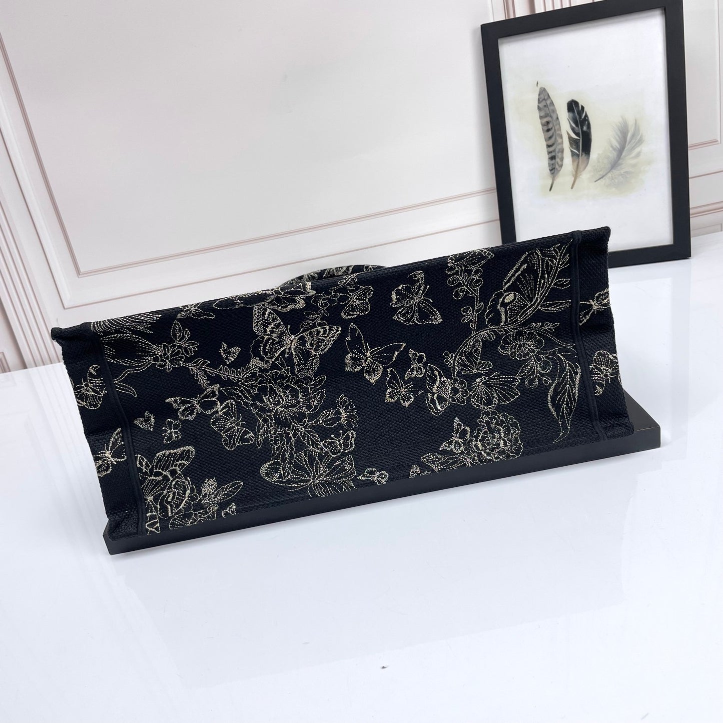 Christian Dior Book Tote Black with Gold Butterfly Embroidery Canvas Handbag