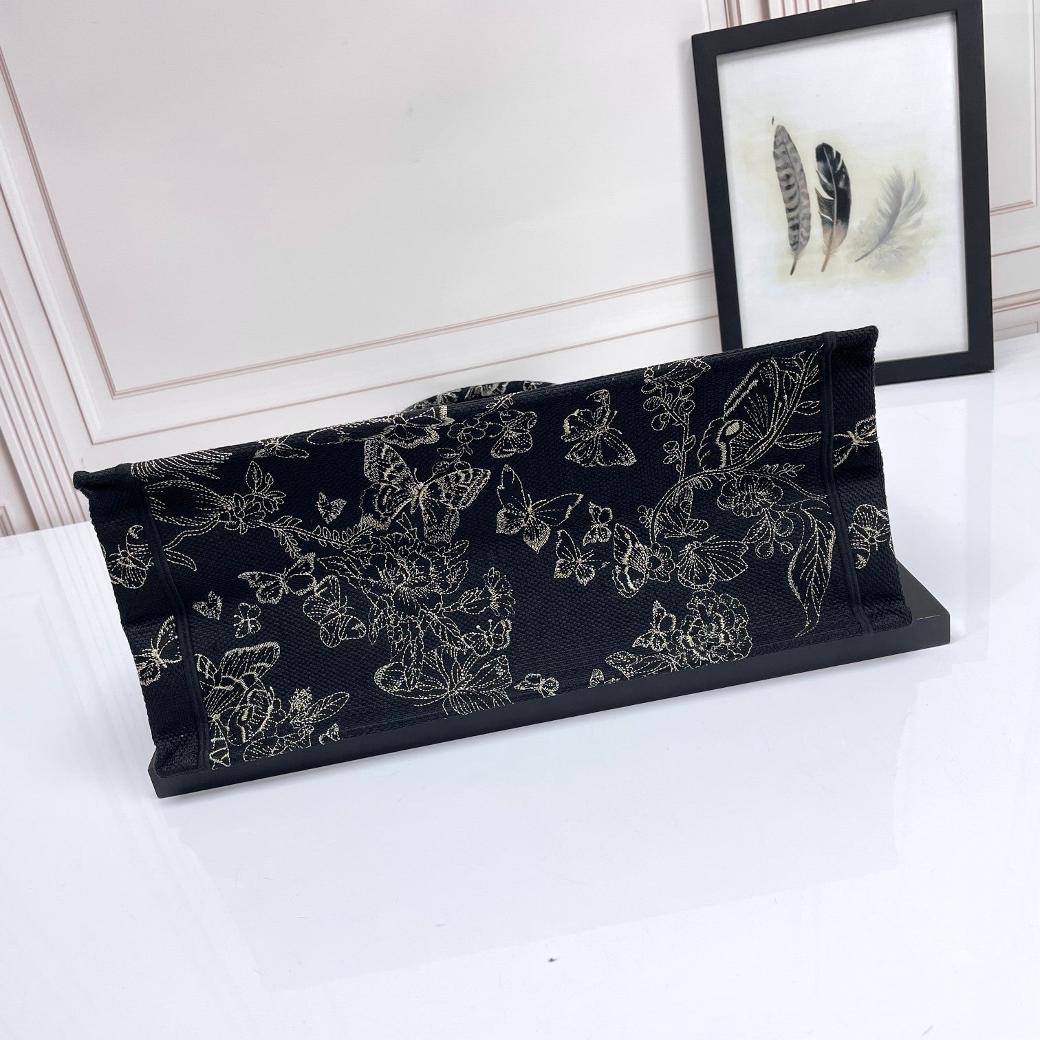 Dior Elegant Black Embroidered Butterfly and Floral Canvas Tote Handbag