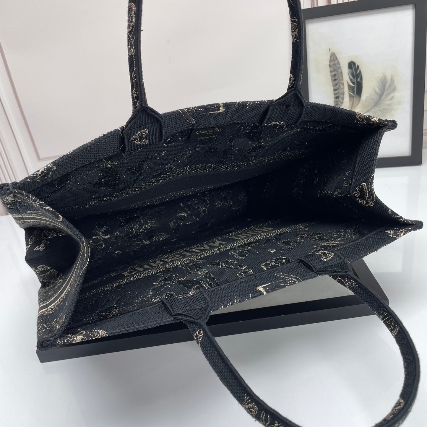 Christian Dior Book Tote Black with Gold Butterfly Embroidery Canvas Handbag