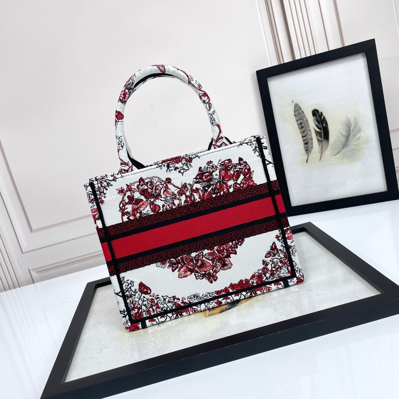 Dior Elegant Red and White Floral Heart Embroidered Canvas Tote Handbag