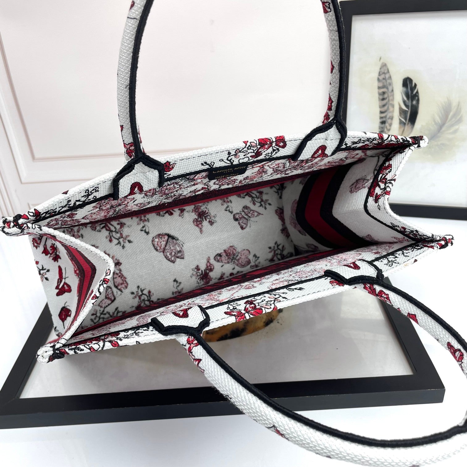 Dior Elegant Red and White Floral Heart Embroidered Canvas Tote Handbag