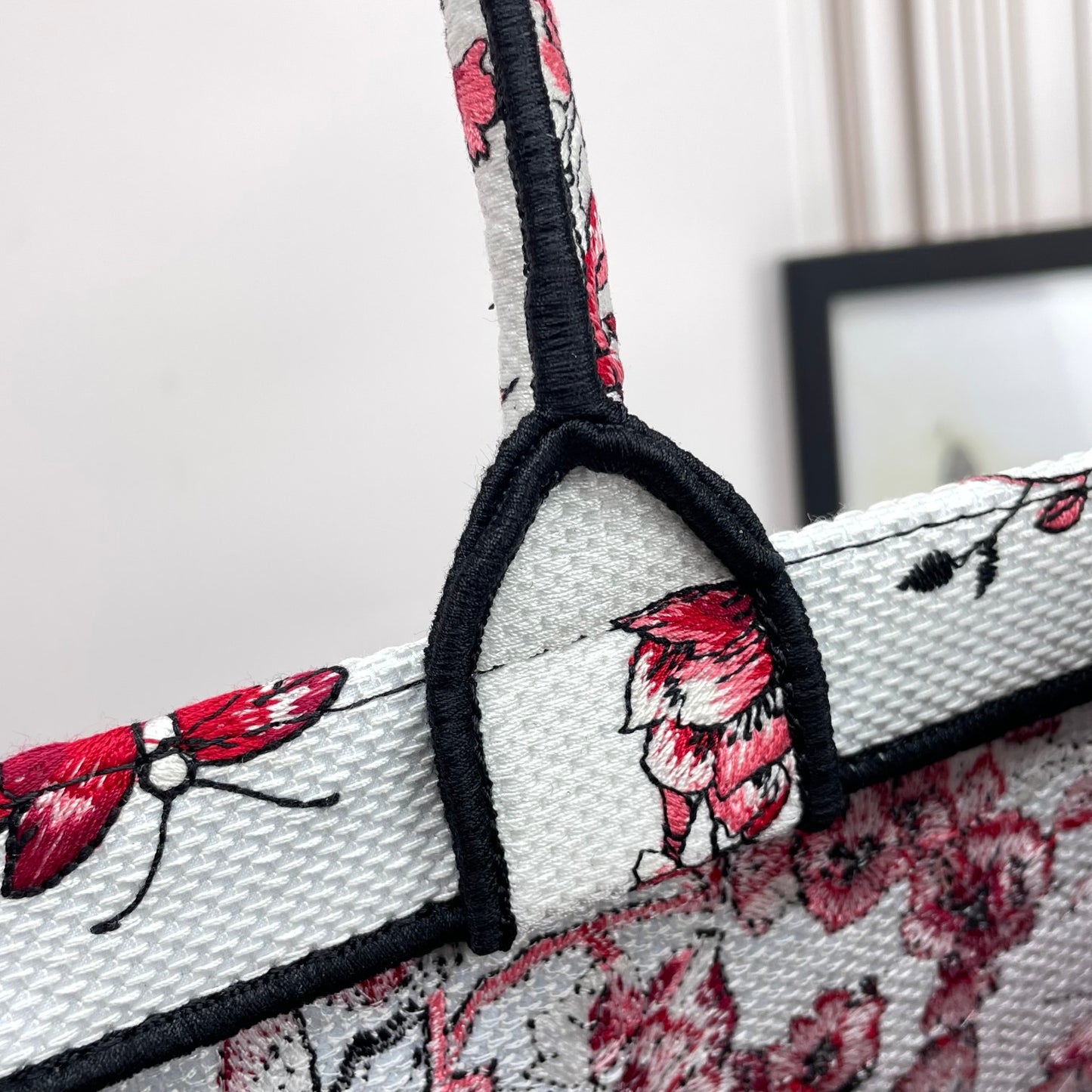 Dior Elegant Red and White Floral Heart Embroidered Canvas Tote Handbag