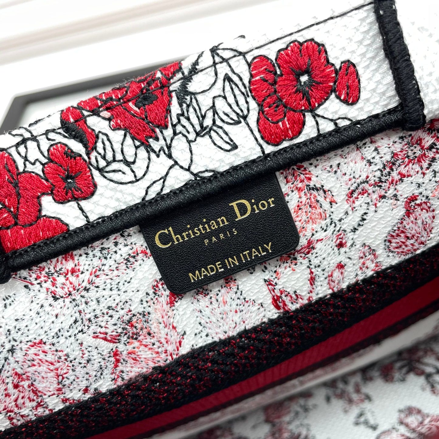 Dior Elegant Red and White Floral Heart Embroidered Canvas Tote Handbag