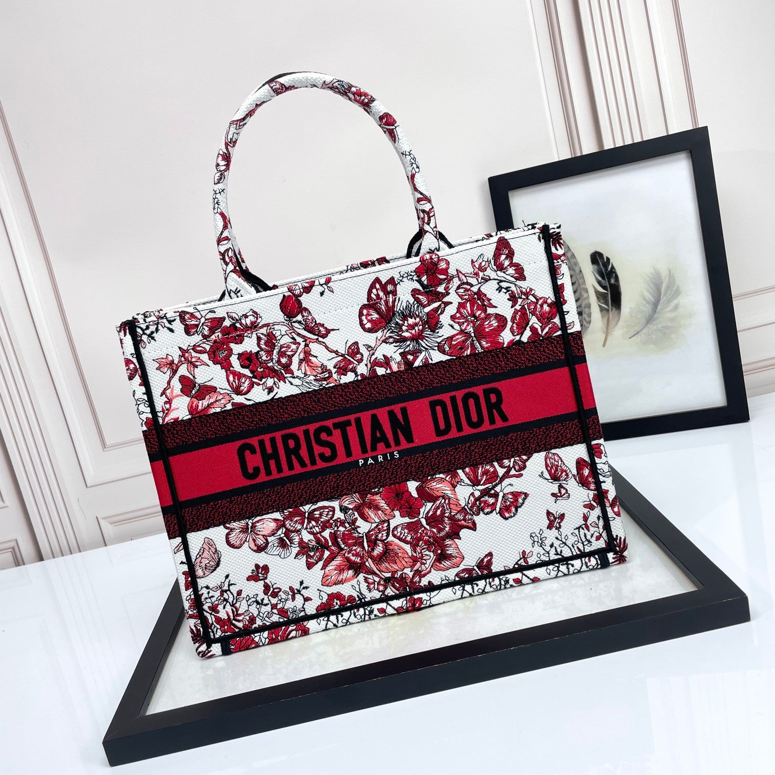 Dior Luxury Floral Butterfly Canvas Tote Bag Red Embroidered Handbag