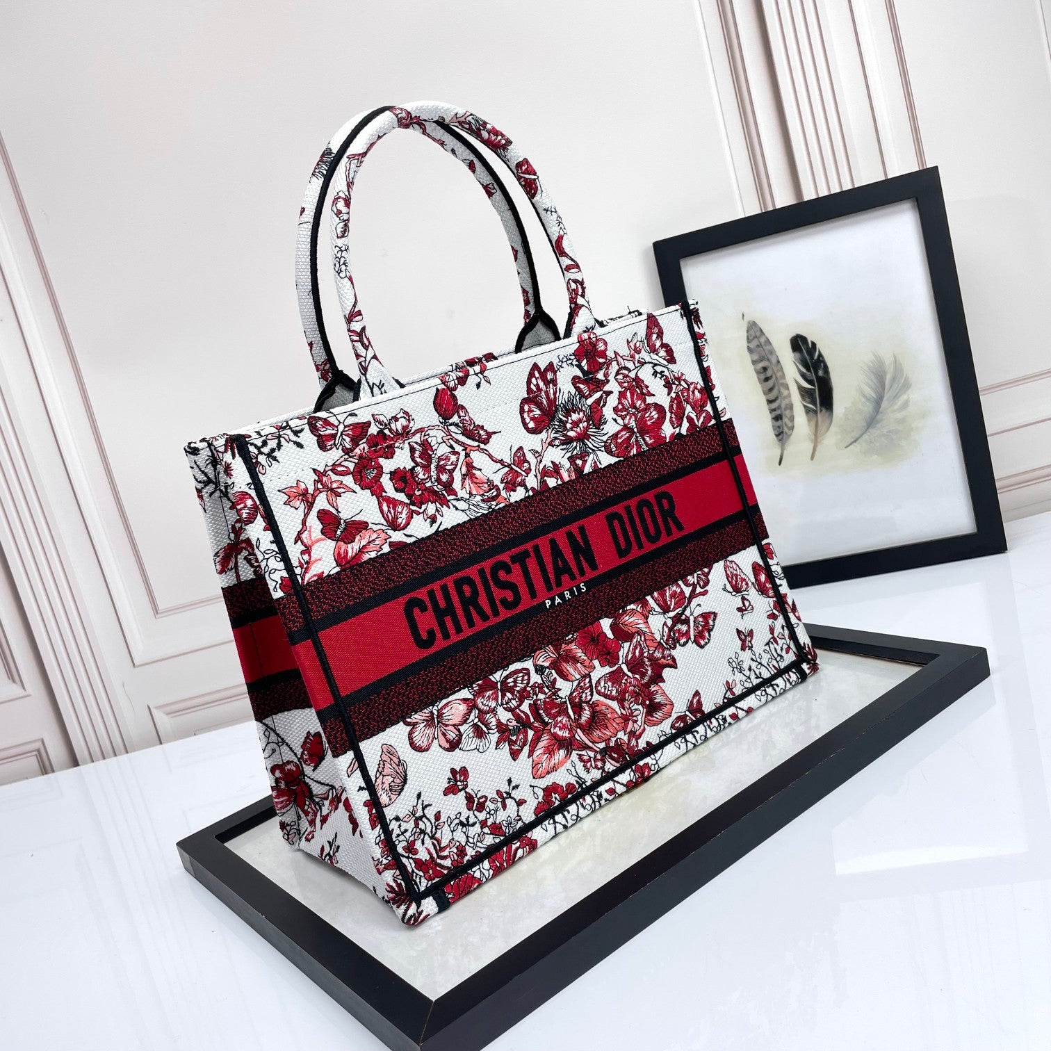 Dior Red Floral Butterfly Canvas Tote Bag Top Handle Handbag