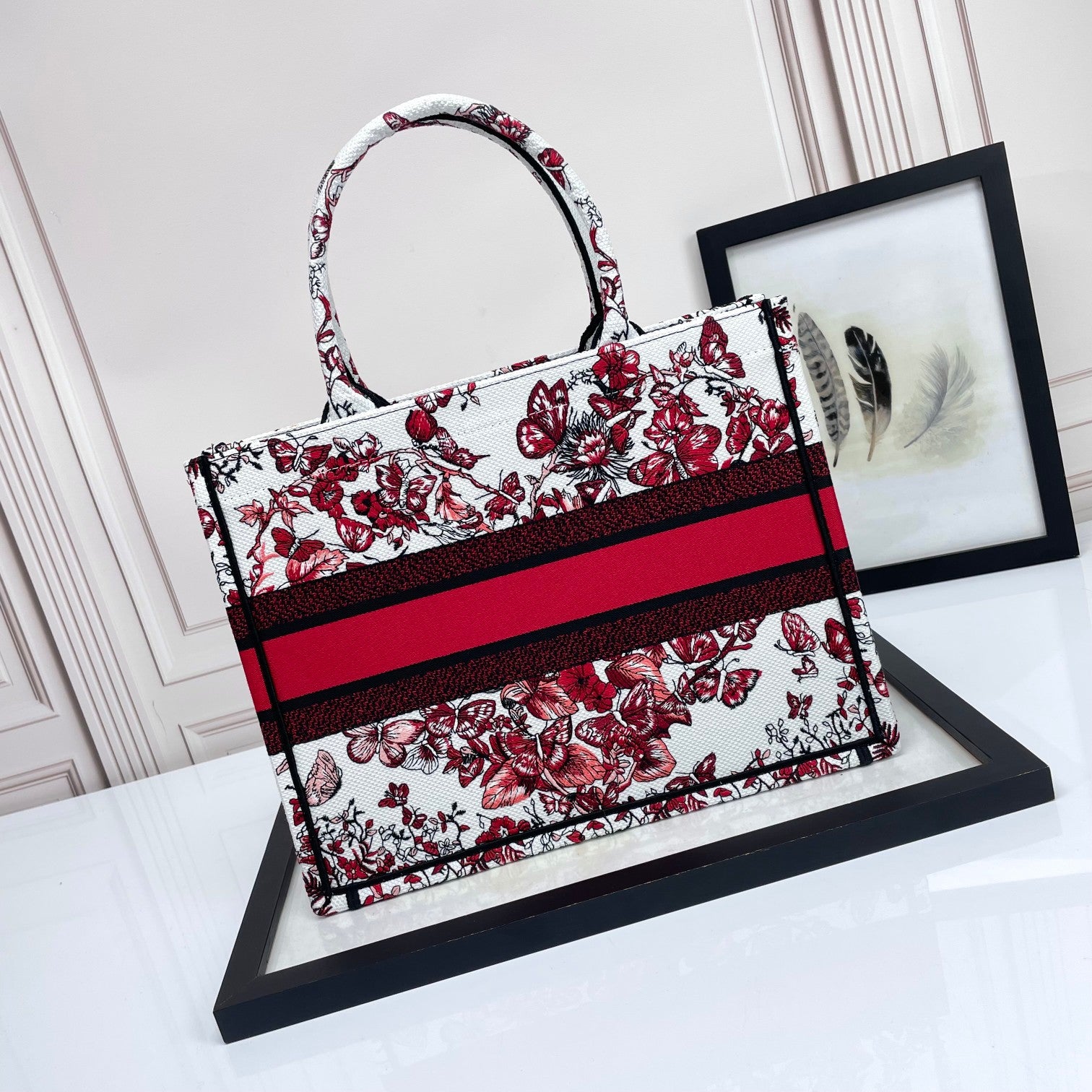 Dior Luxury Floral Butterfly Canvas Tote Bag Red Embroidered Handbag