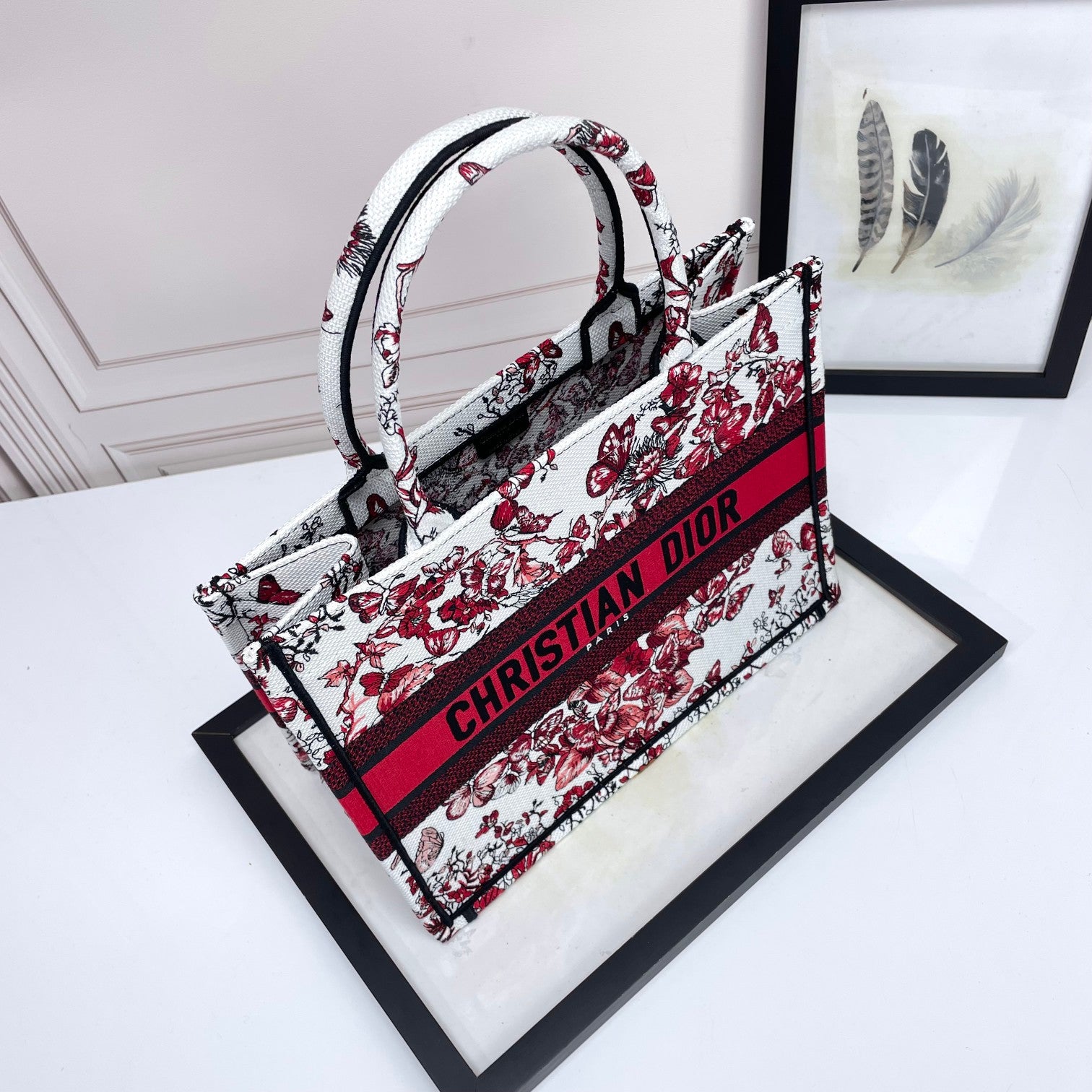 Dior Luxury Floral Butterfly Canvas Tote Bag Red Embroidered Handbag
