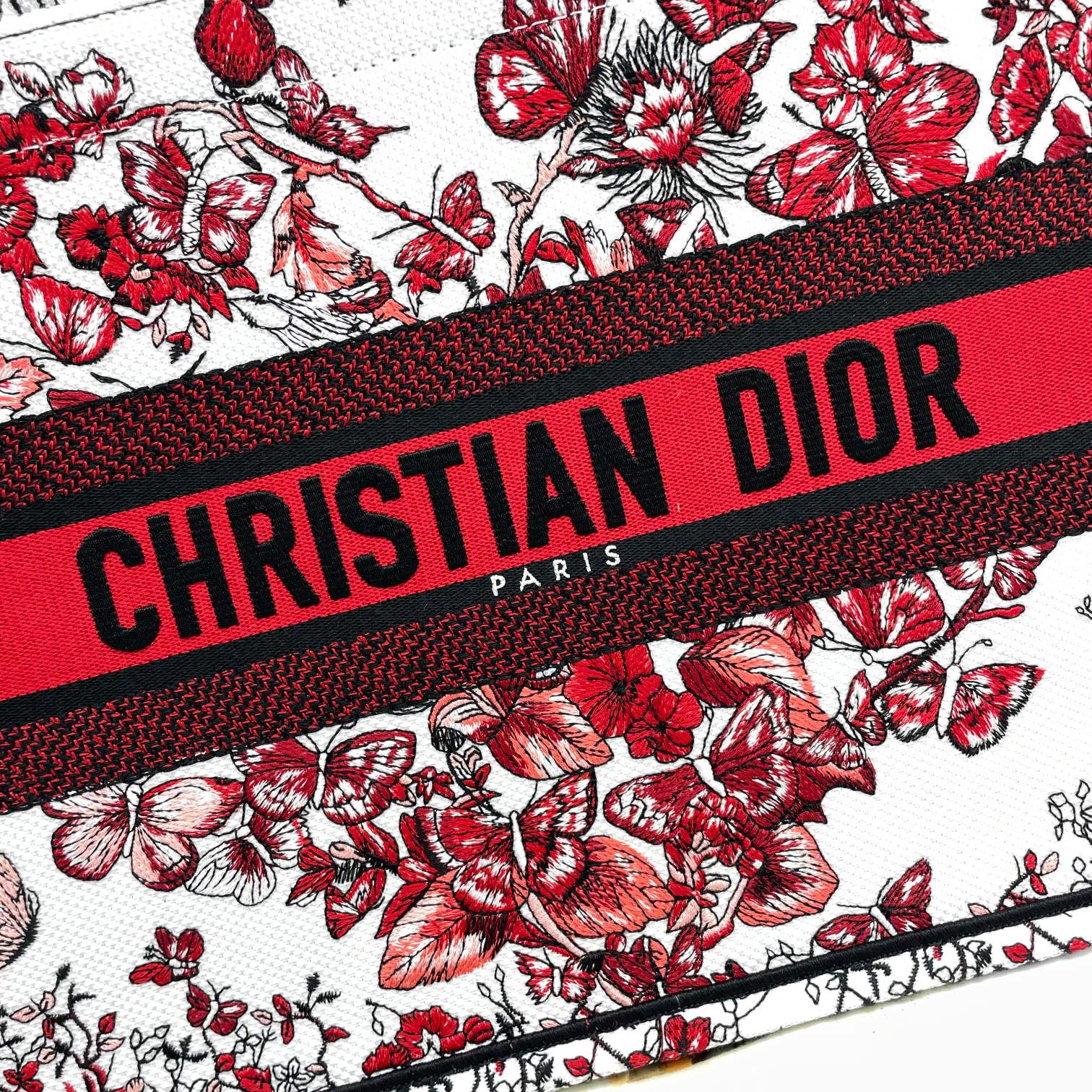 Dior Red Floral Butterfly Canvas Tote Bag Top Handle Handbag