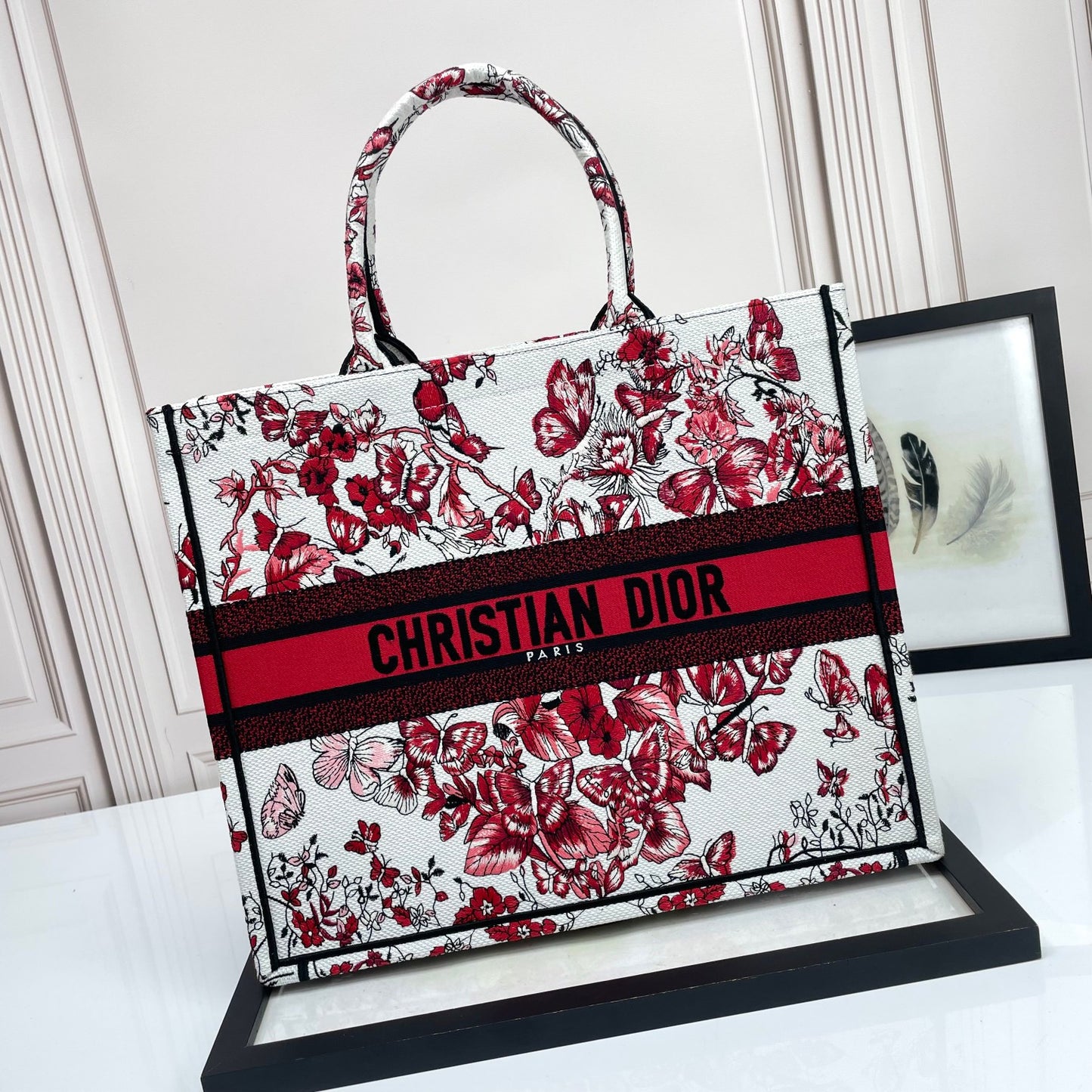 Dior Red Butterfly Floral Embroidered Canvas Large Tote Handbag