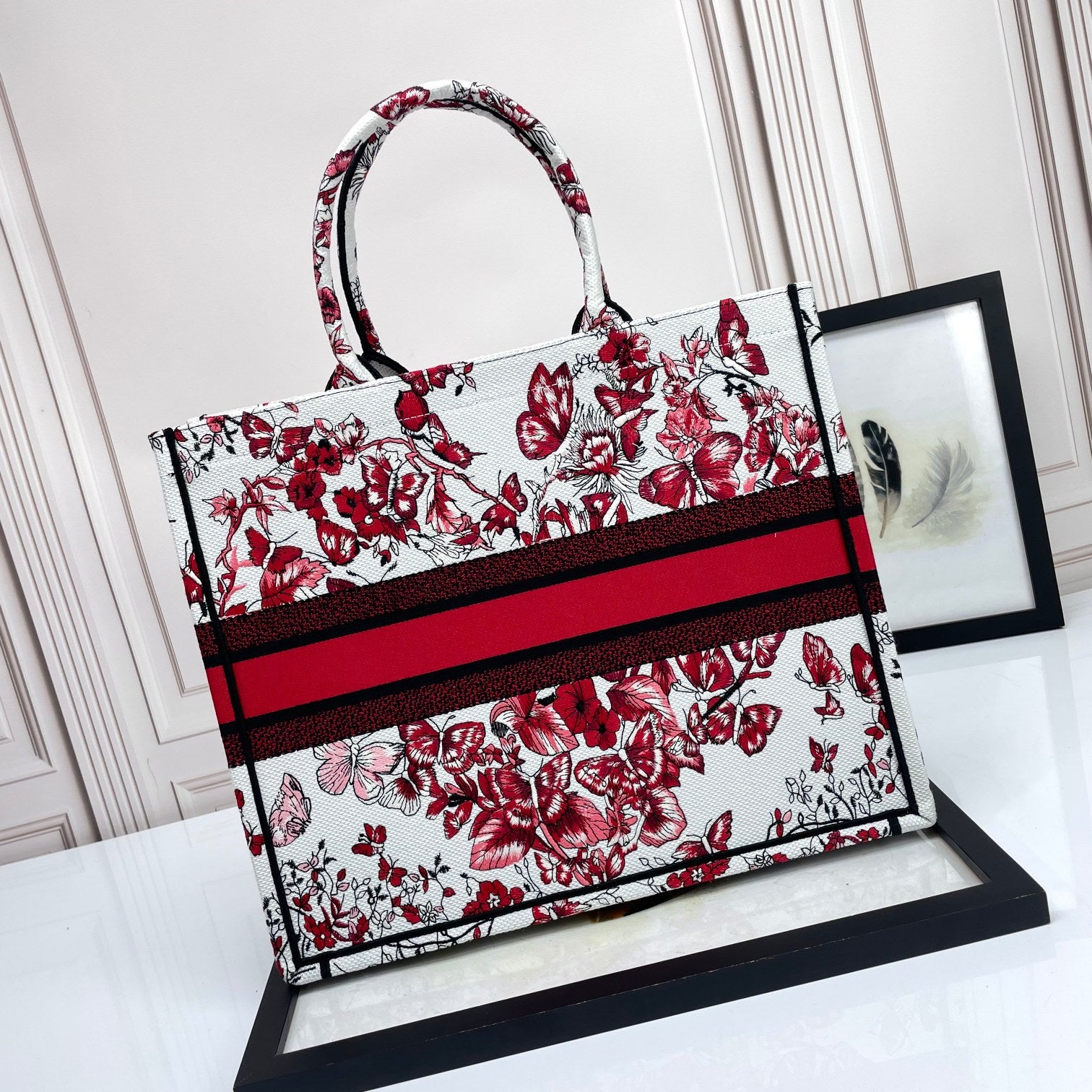 Dior Elegant Red and White Floral Butterfly Canvas Tote Handbag