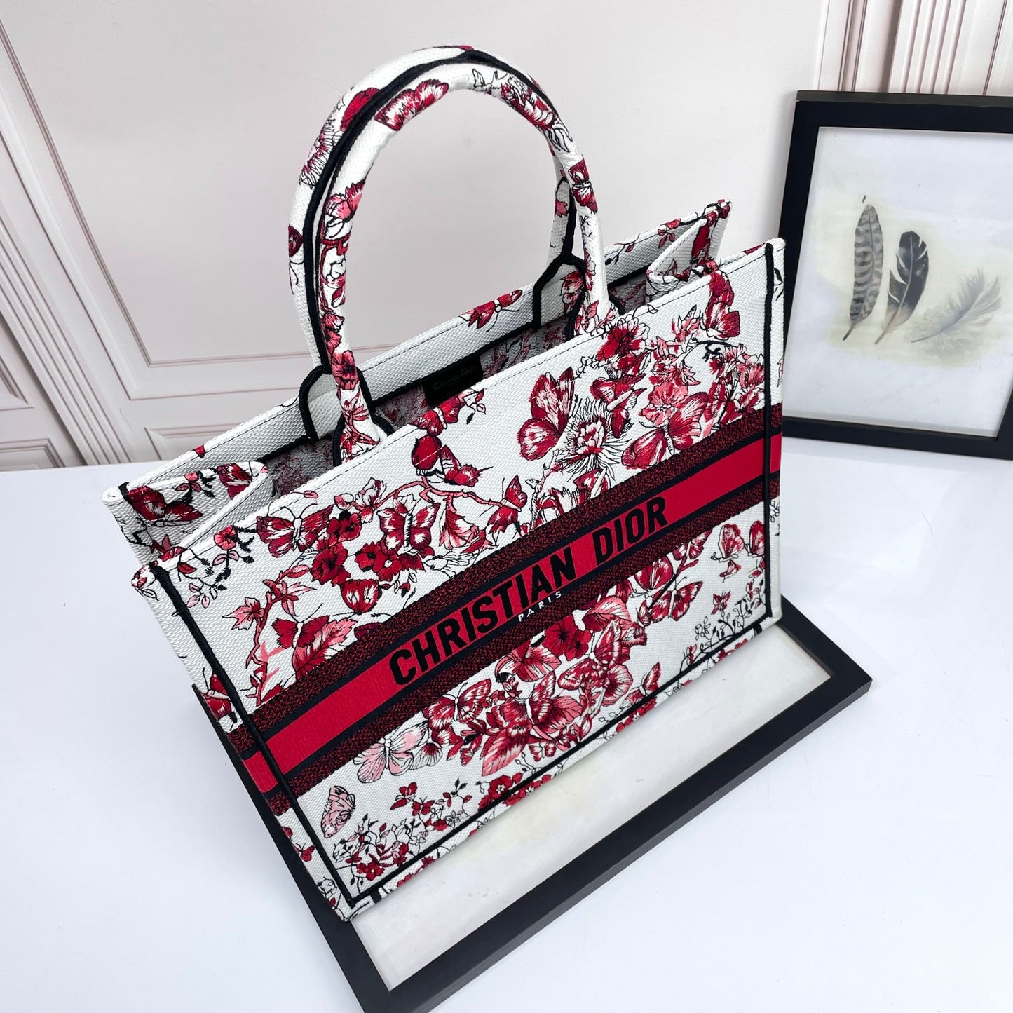 Christian Dior Small Book Tote - Red and White Butterfly Floral Canvas Handbag