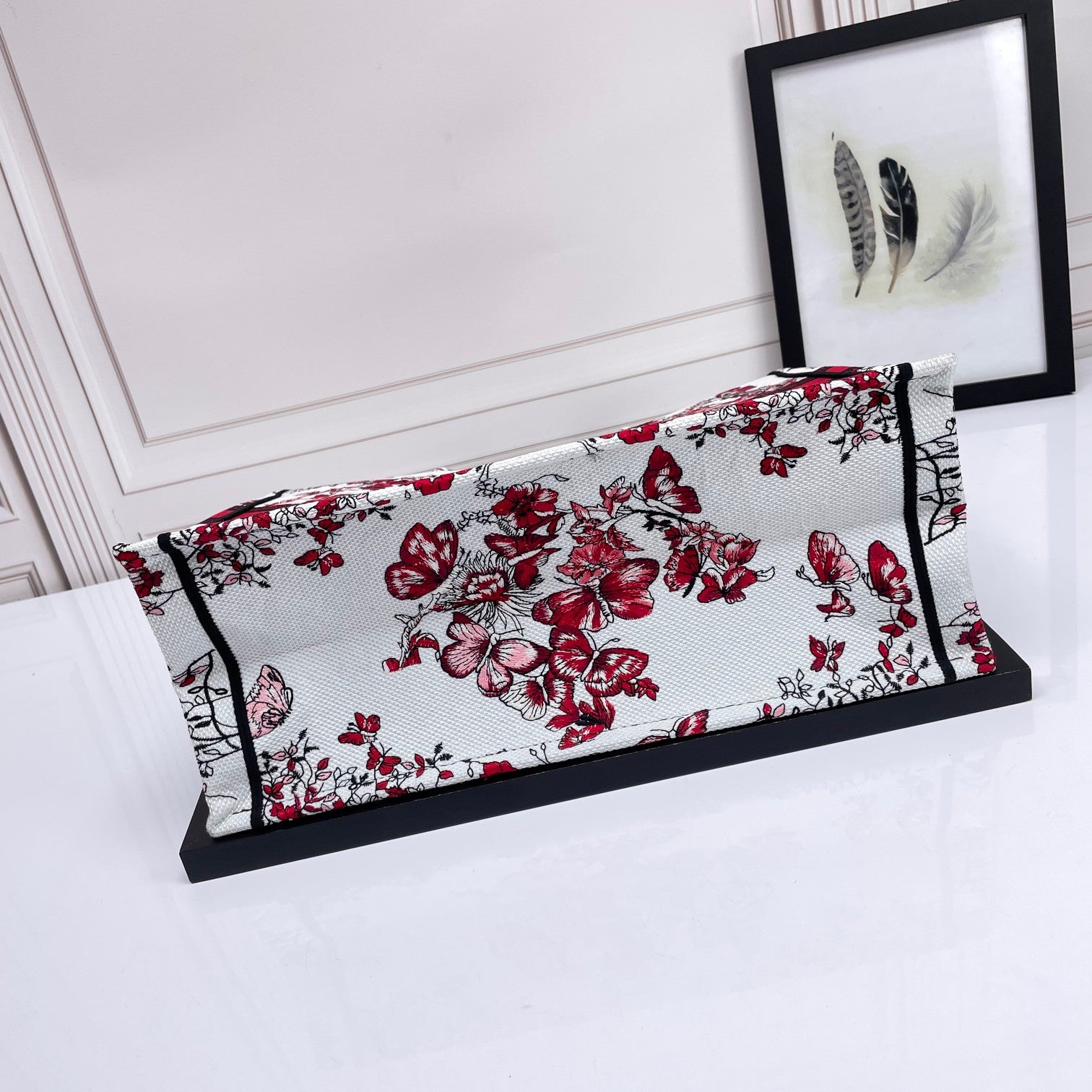 Dior Red Butterfly Floral Embroidered Canvas Large Tote Handbag