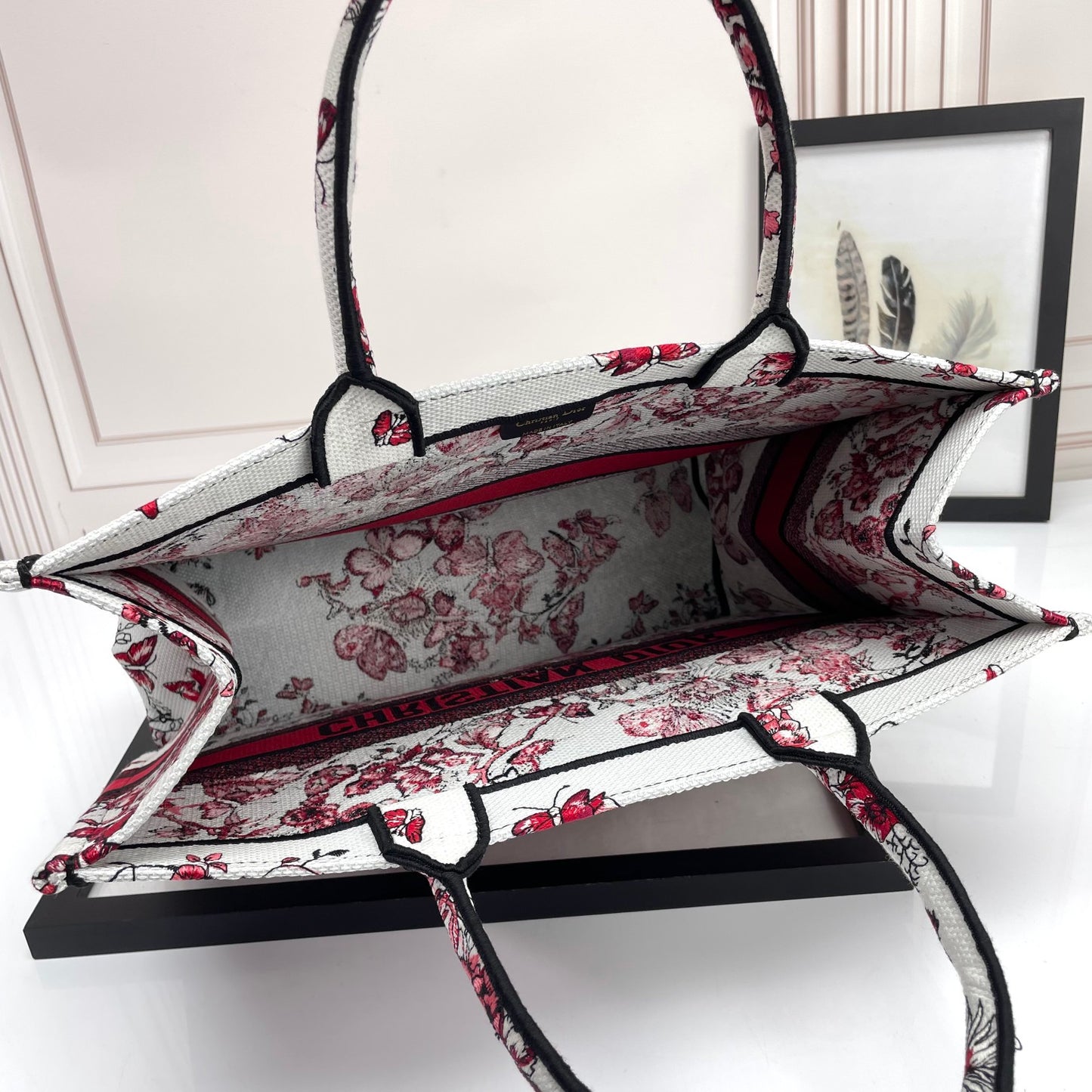 Christian Dior Medium Book Tote Bag with Red Butterfly Embroidery