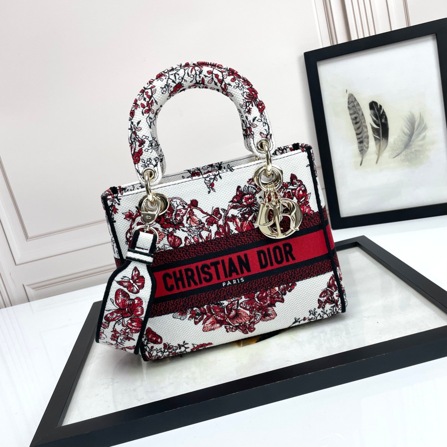 Christian Dior Lady D-Lite Bag - Red and White Butterfly Embroidered Canvas