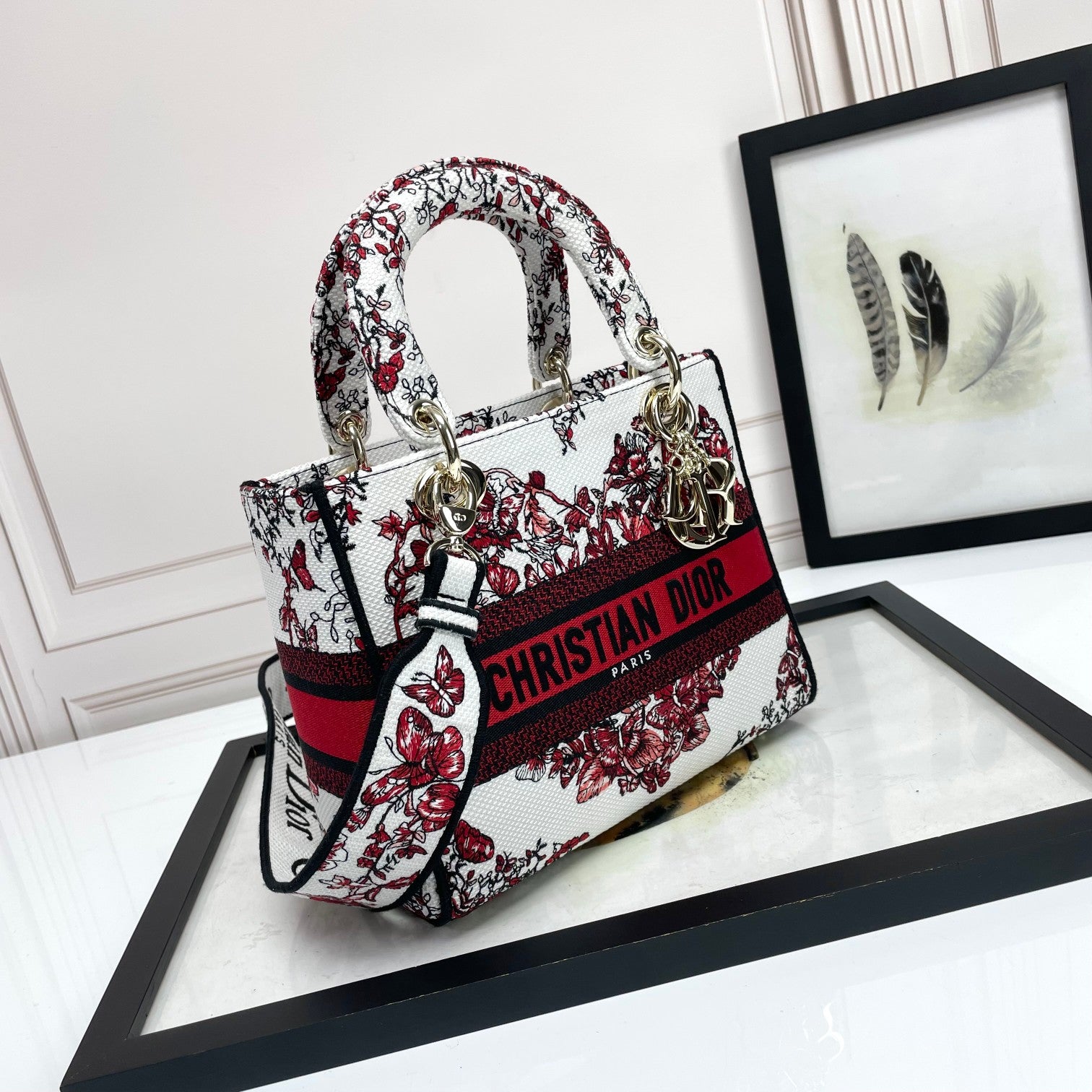 Dior Red Floral and Butterfly Embroidered Canvas Top Handle Bag