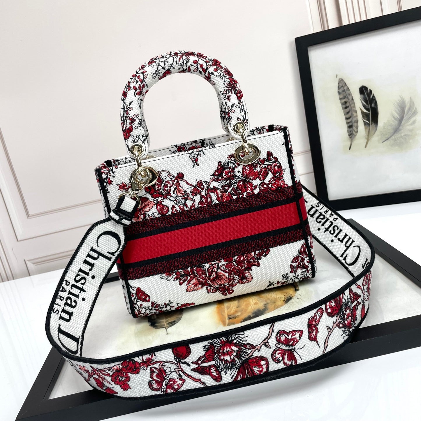 Dior Red Floral and Butterfly Embroidered Canvas Top Handle Bag