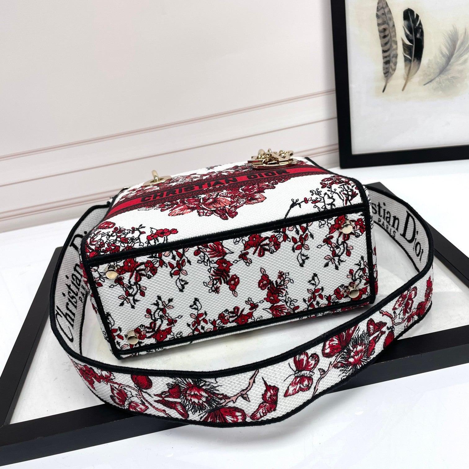 Dior Elegant Red and White Floral Butterfly Embroidered Handbag