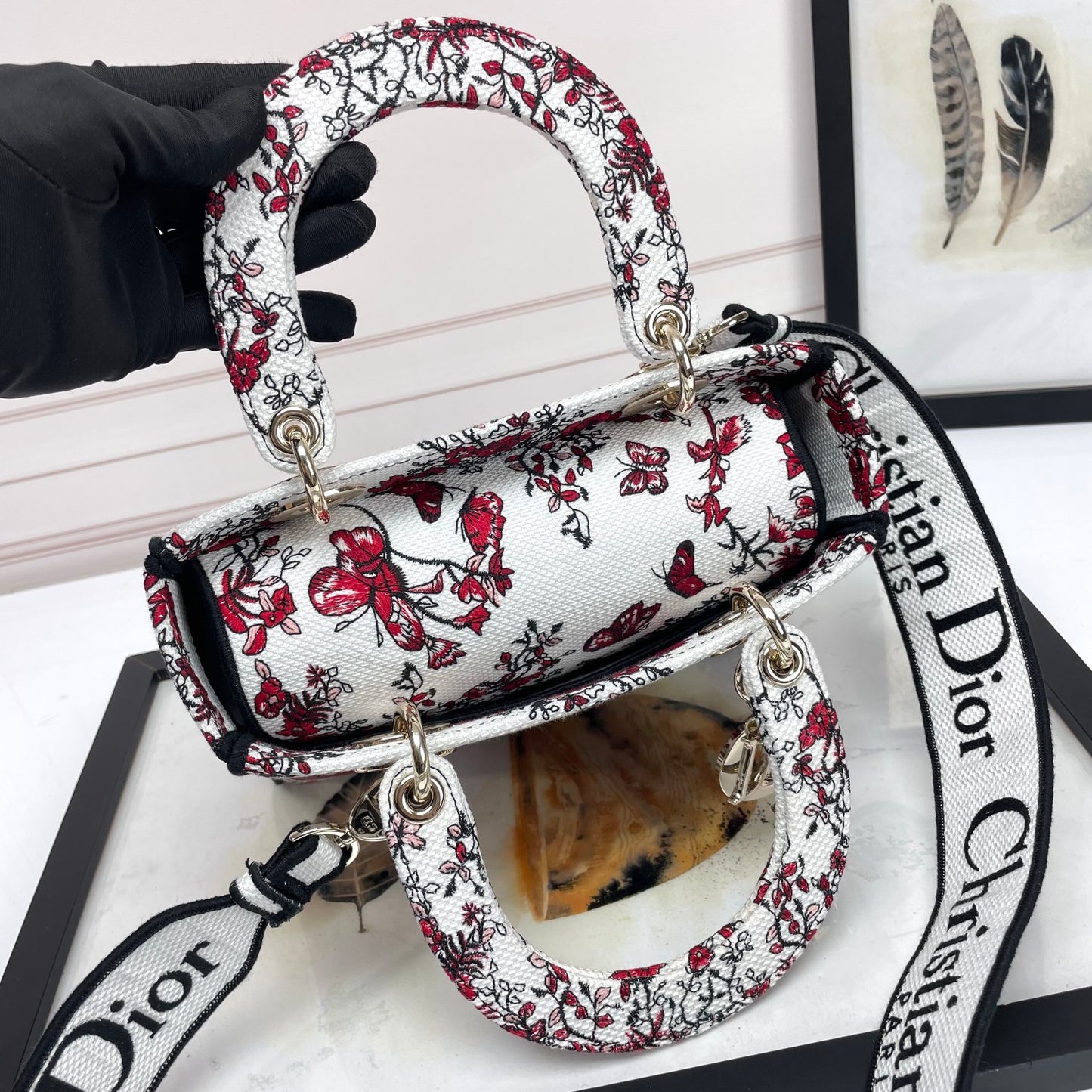 Dior Red Floral Butterfly Embroidered Canvas Top Handle Handbag