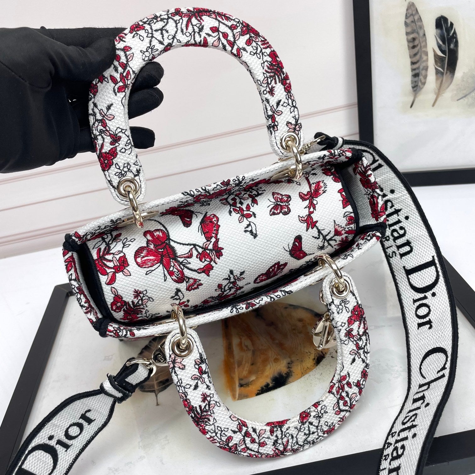 Dior Red Floral Butterfly Embroidered Canvas Top Handle Handbag