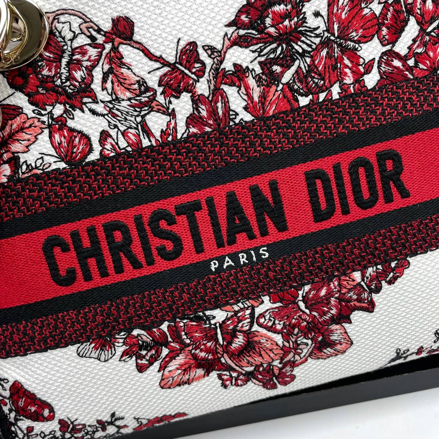 Dior Red Floral and Butterfly Embroidered Canvas Top Handle Bag